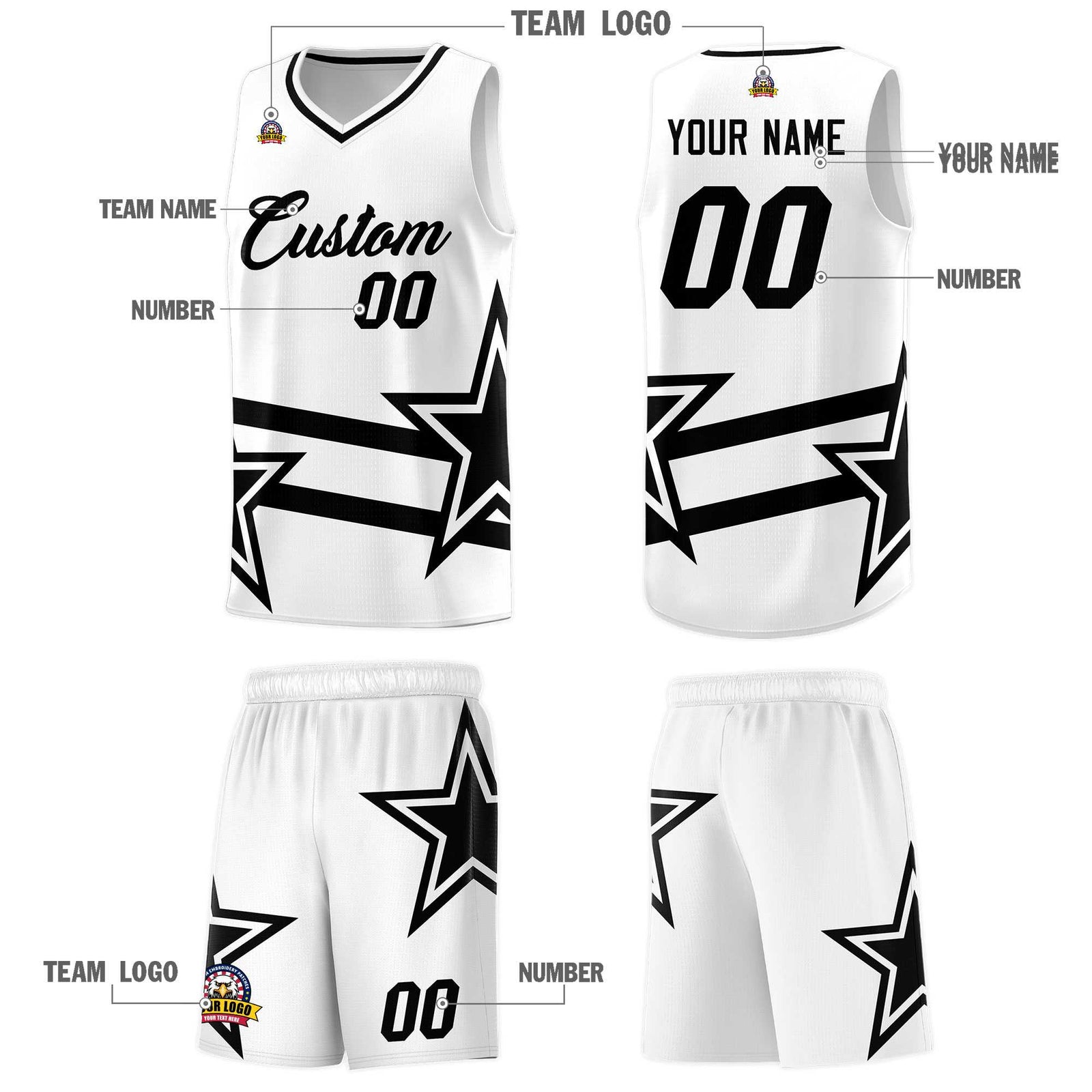 Custom White Basketball Kits With Black Star Pattern And Double Lines