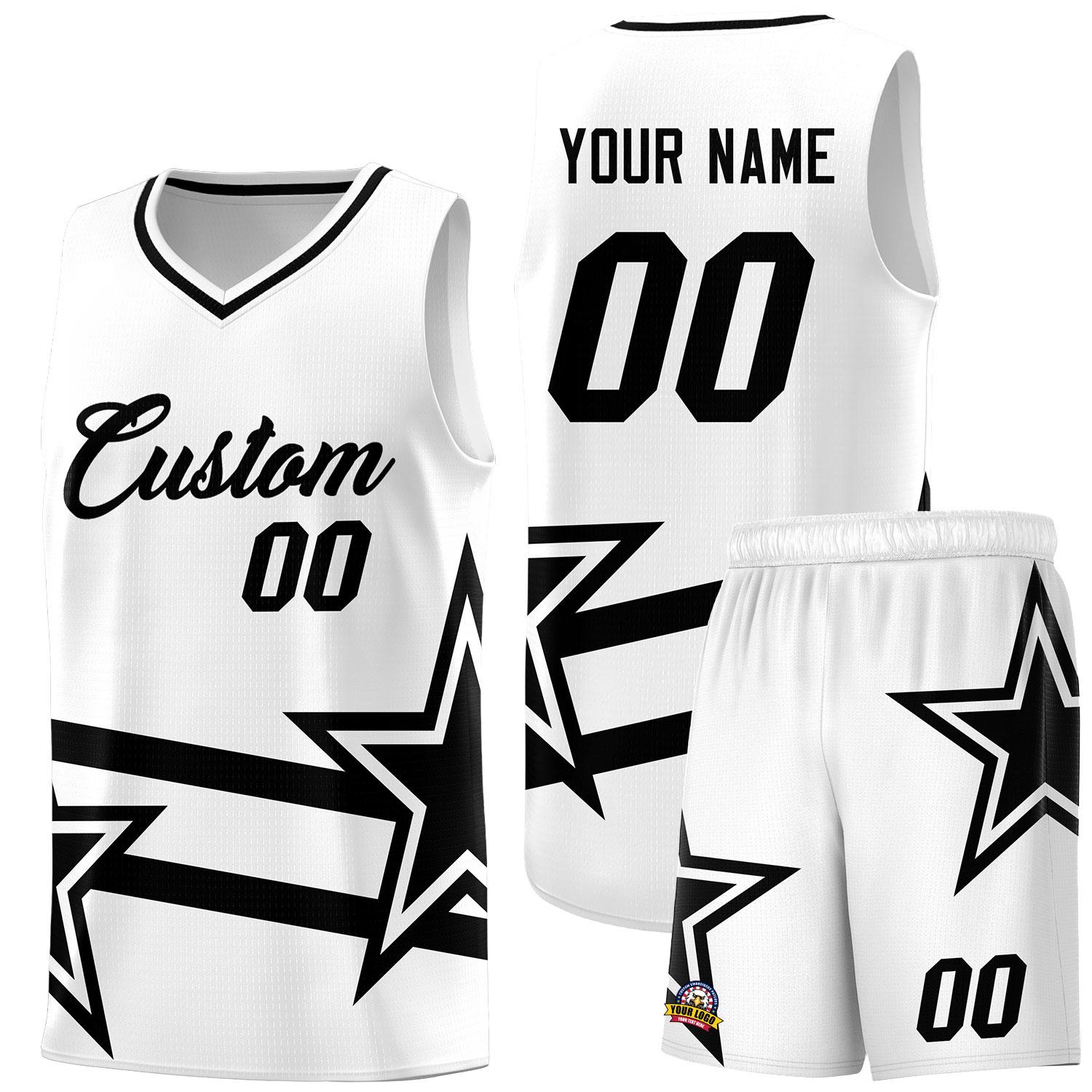 Custom White Basketball Kits With Black Star Pattern And Double Lines
