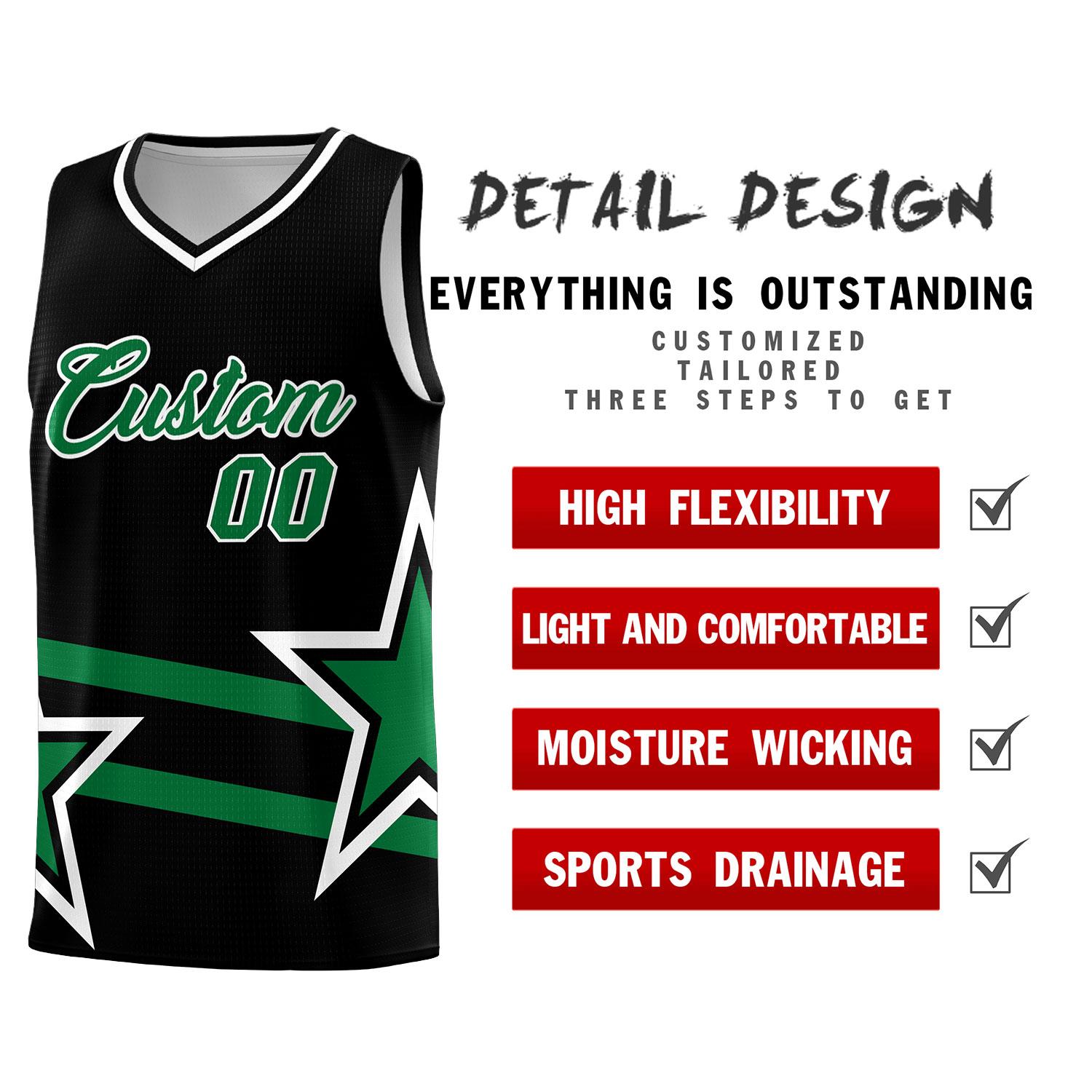 Custom Black Basketball Kits With Kelly Green Star Pattern And Double Lines
