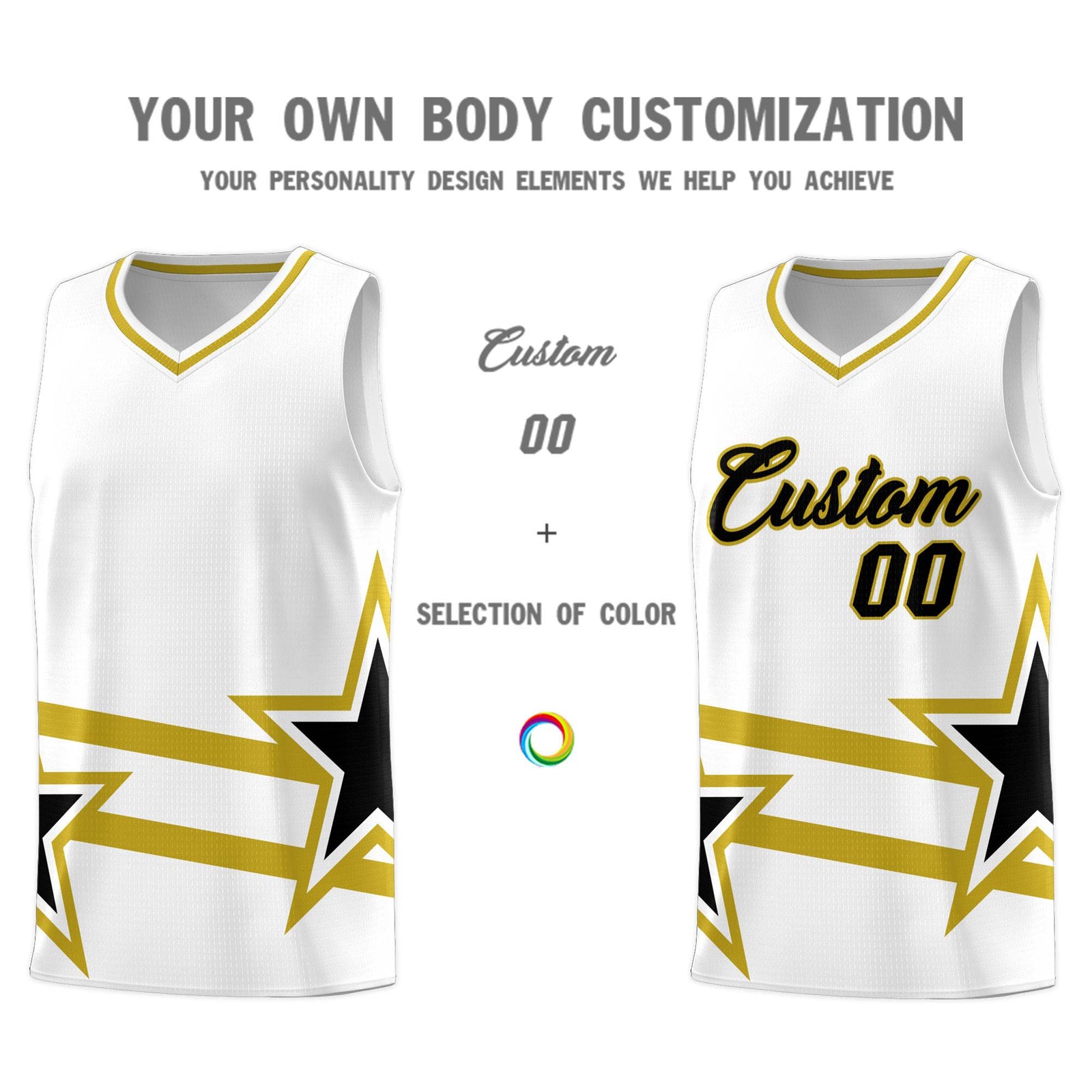 Custom White Basketball Kits With Old Gold Star Pattern And Double Lines
