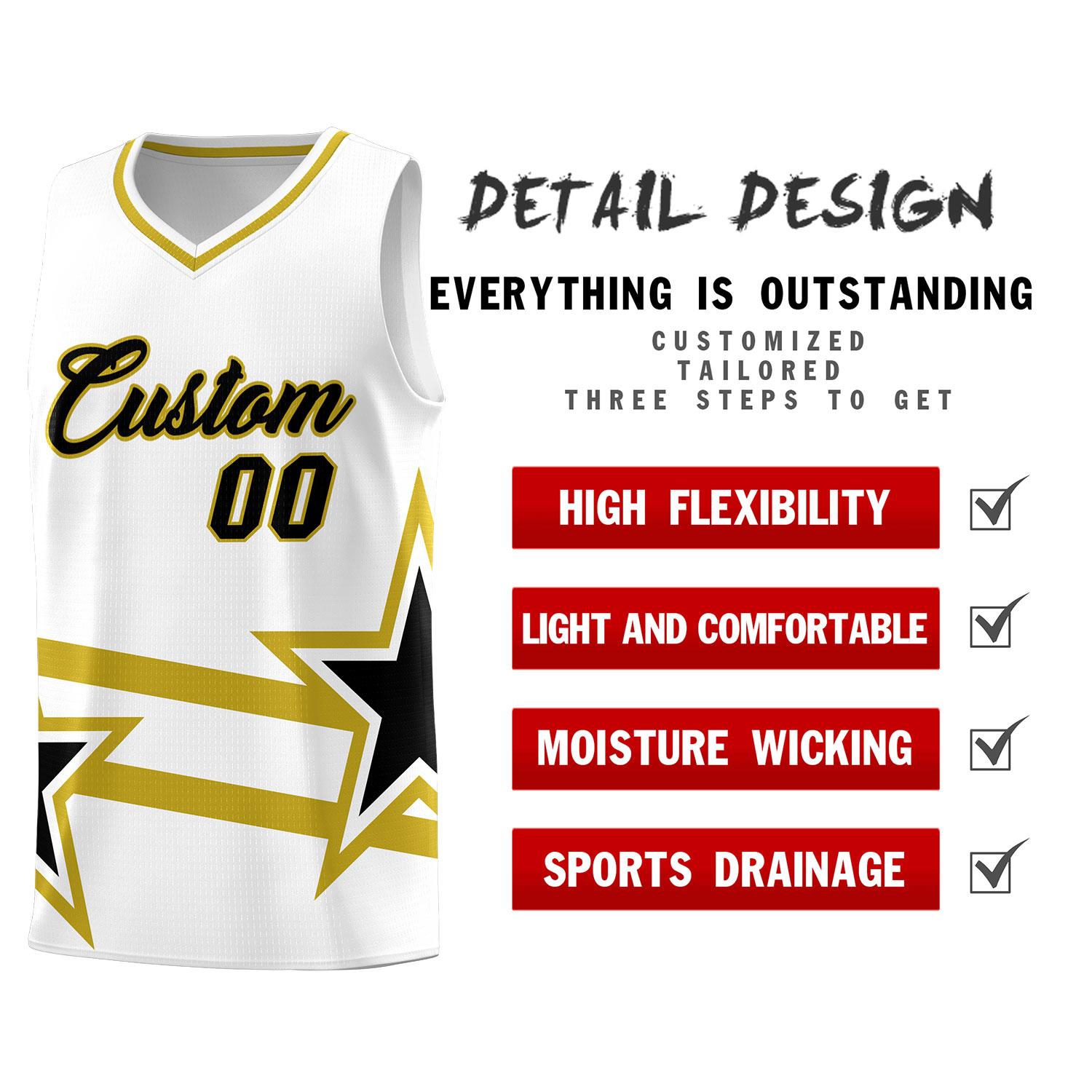 Custom White Basketball Kits With Old Gold Star Pattern And Double Lines