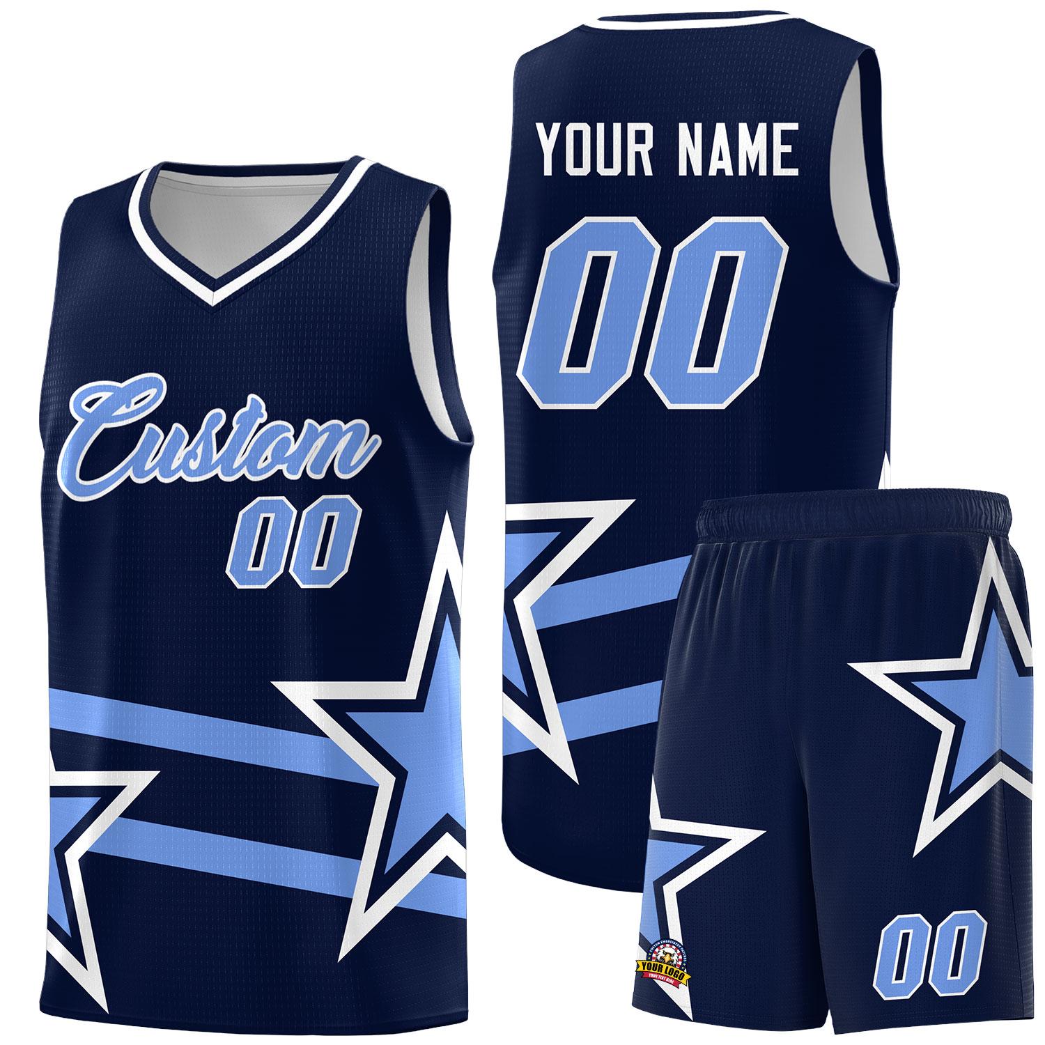 Custom Navy Basketball Kits With Light Blue Star Pattern And Double Lines