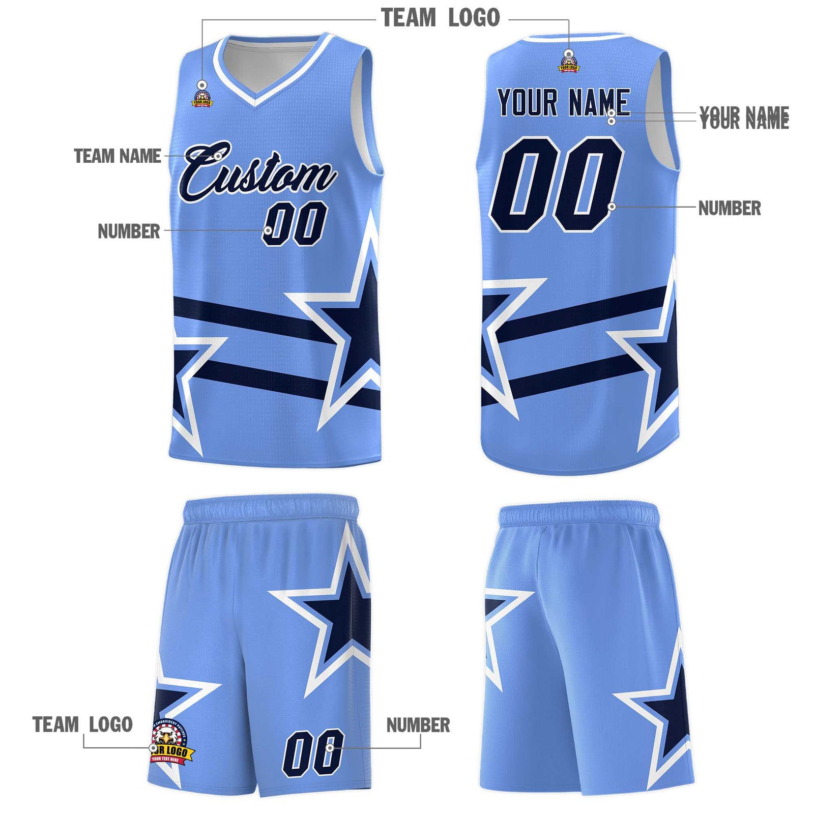 Custom Light Blue Basketball Kits With Navy Star Pattern And Double Lines