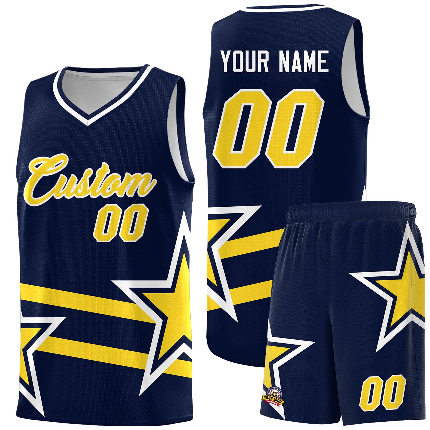 Custom Navy Basketball Kits With Gold Star Pattern And Double Lines