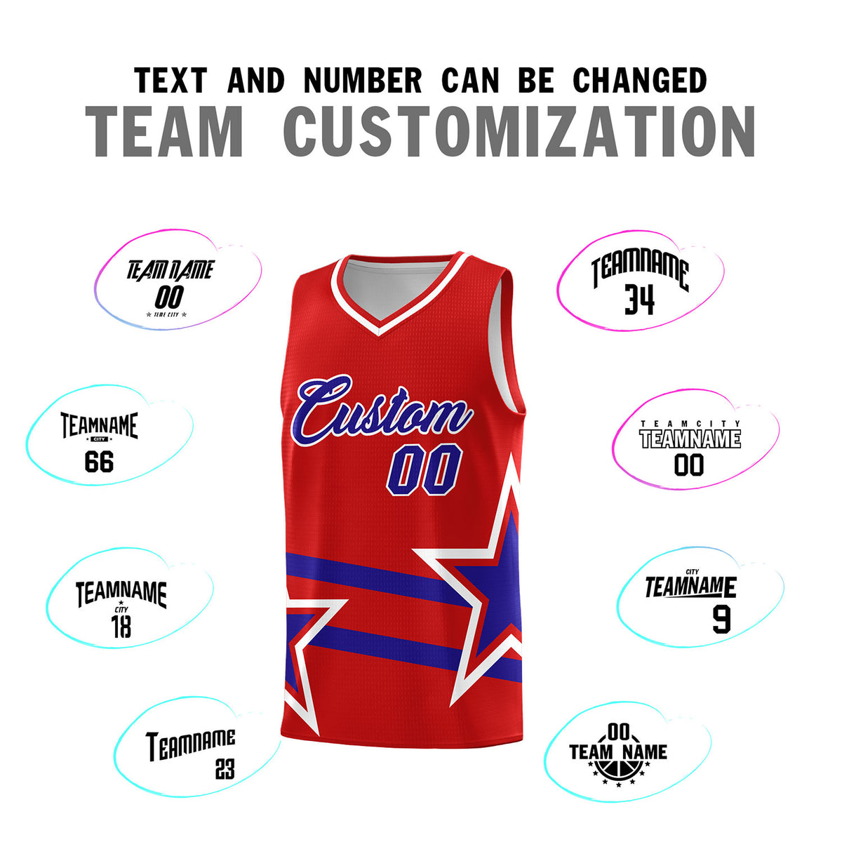 Custom Red Basketball Kits With Royal Star Pattern And Double Lines
