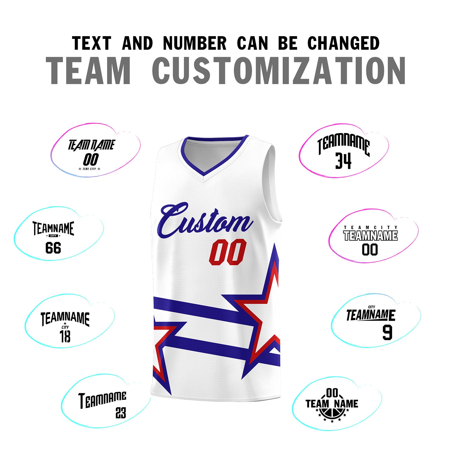 Custom Red Basketball Kits With Royal Star Pattern And Double Lines
