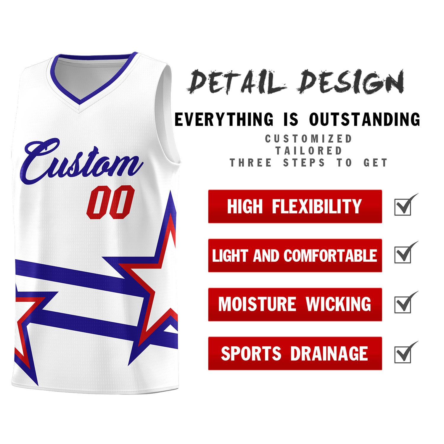 Custom Red Basketball Kits With Royal Star Pattern And Double Lines