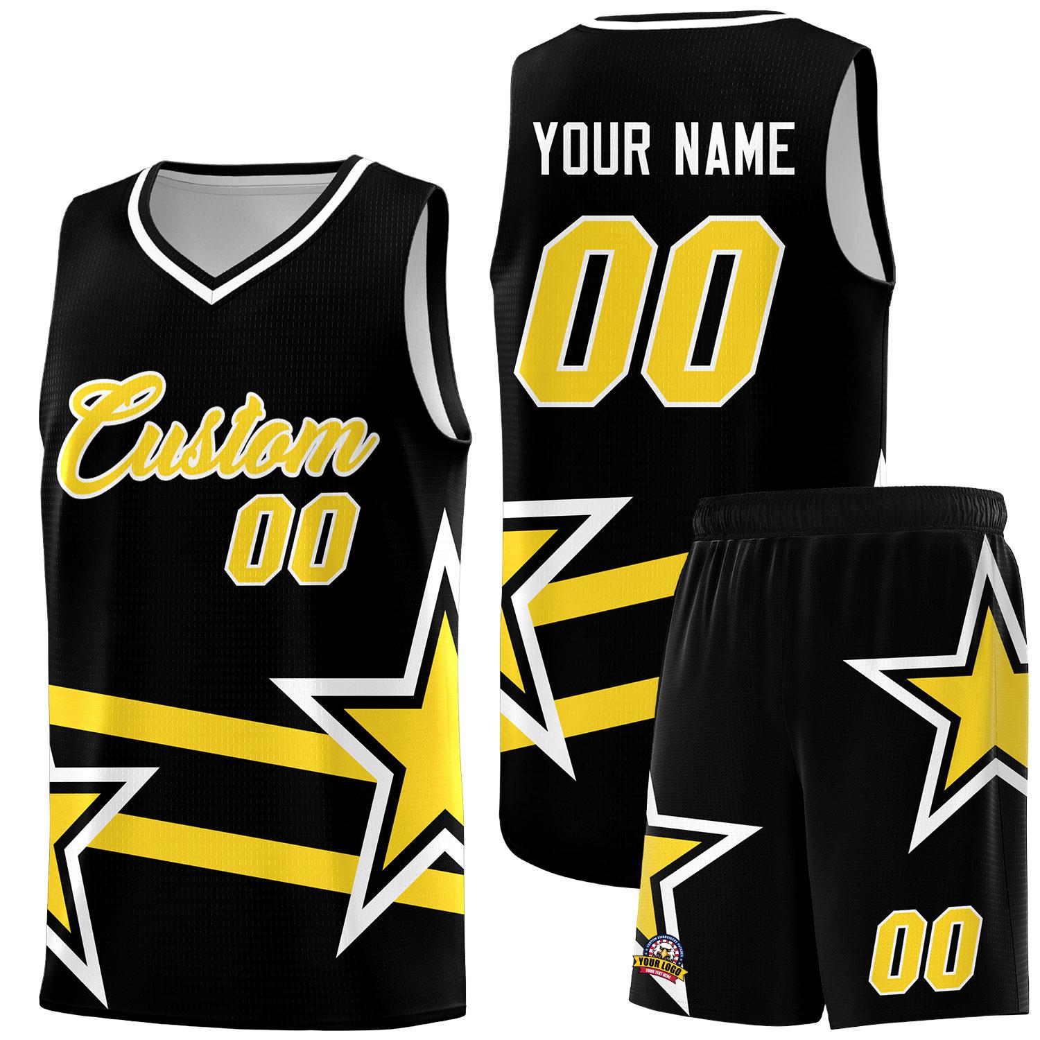 Custom Black Basketball Kits With Gold Star Pattern And Double Lines