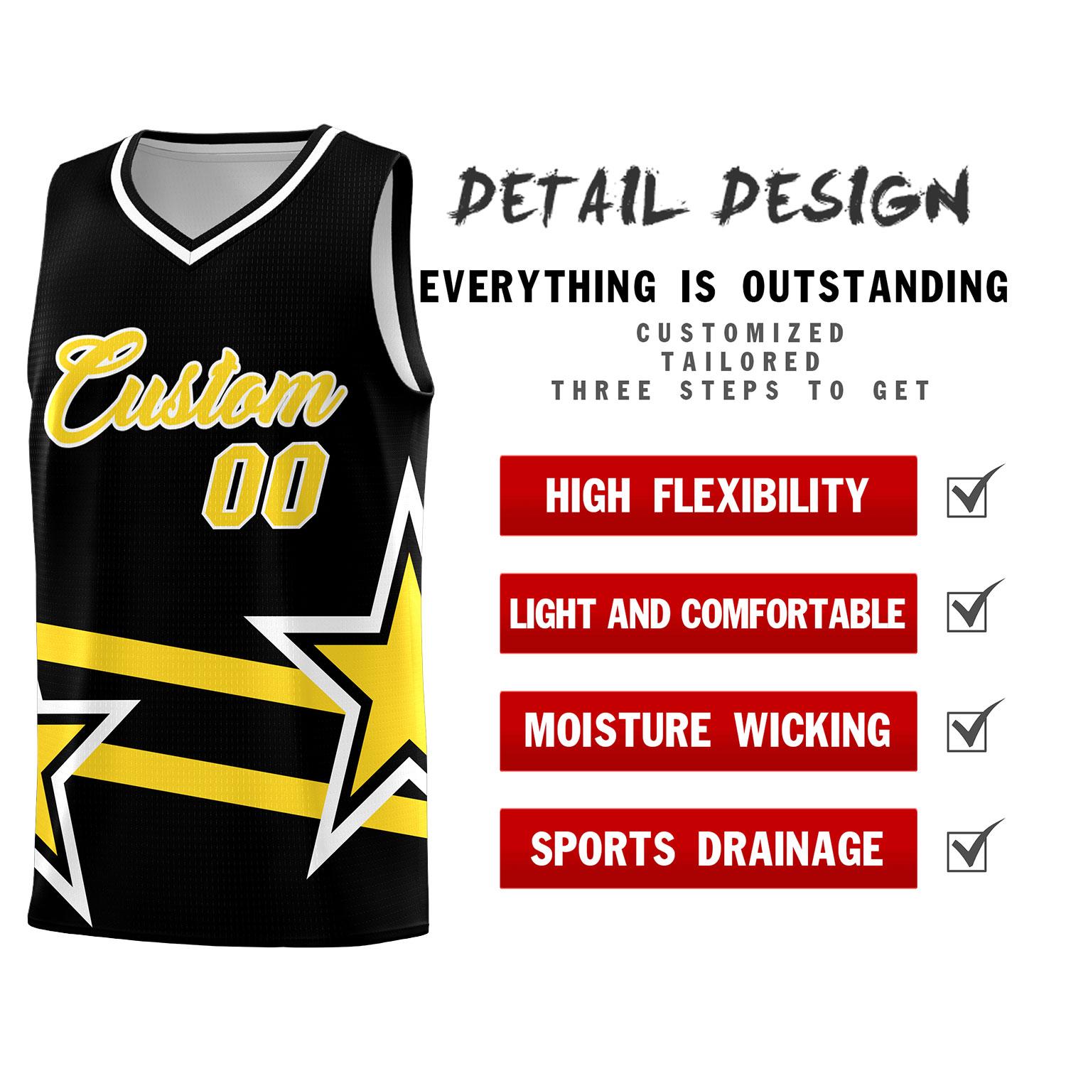 Custom Black Basketball Kits With Gold Star Pattern And Double Lines