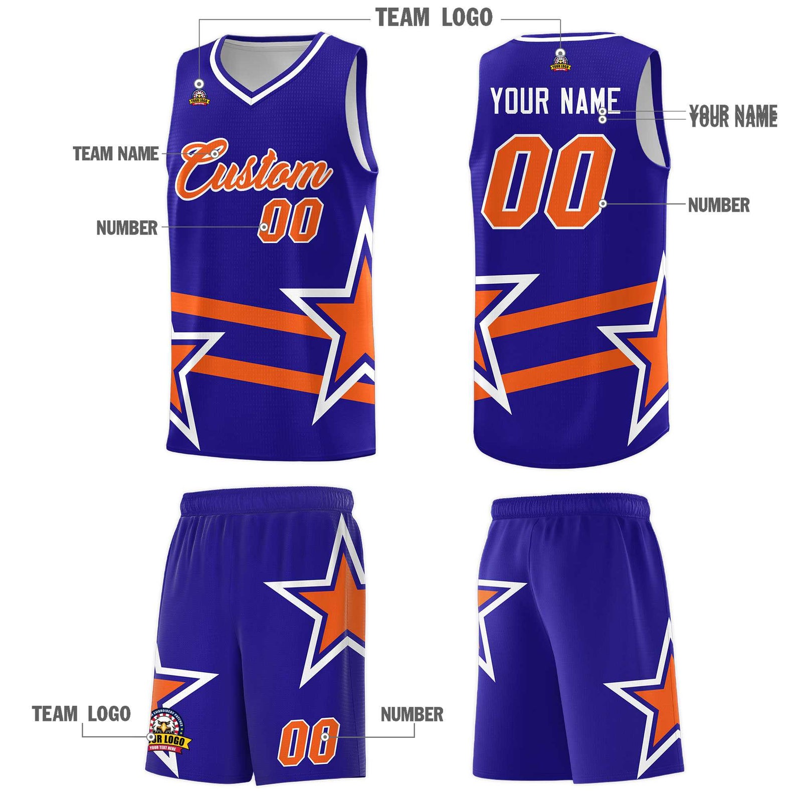 Custom Royal Basketball Kits With Orange Star Pattern And Double Lines