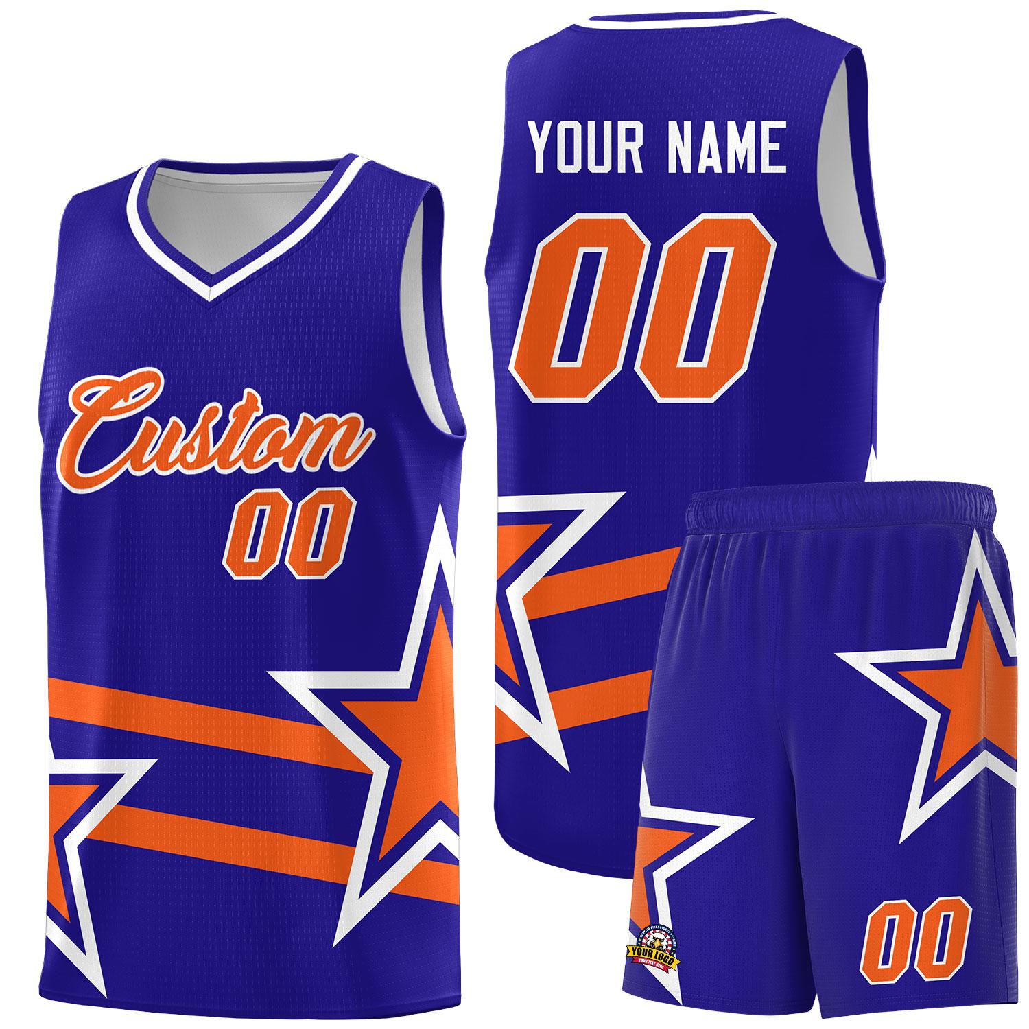 Custom Royal Basketball Kits With Orange Star Pattern And Double Lines