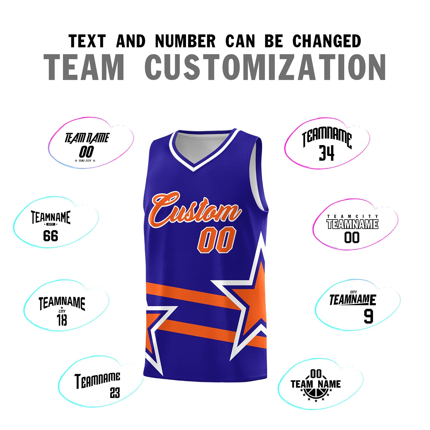 Custom Royal Basketball Kits With Orange Star Pattern And Double Lines