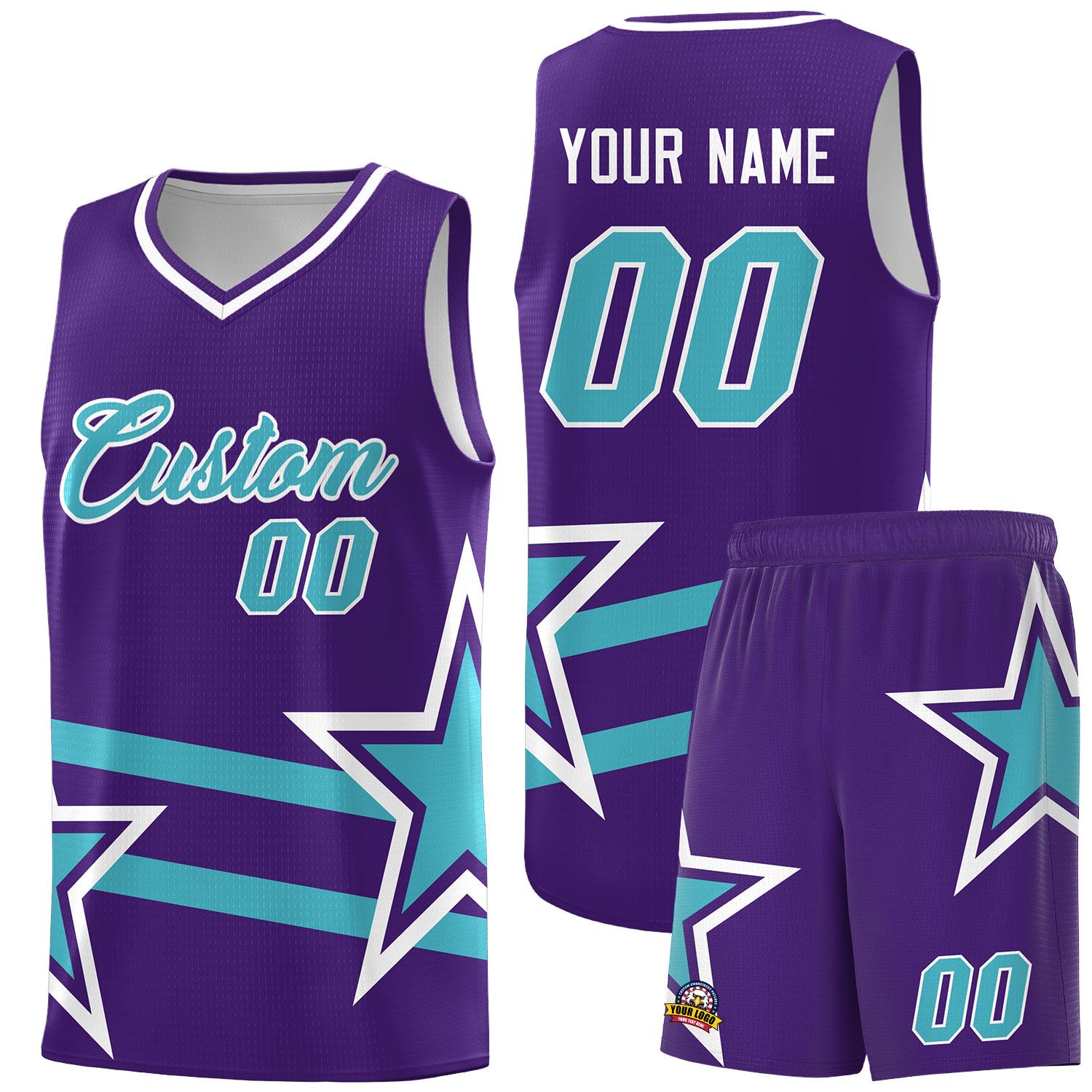 Custom Purple Basketball Kits With Sky Blue Star Pattern And Double Lines