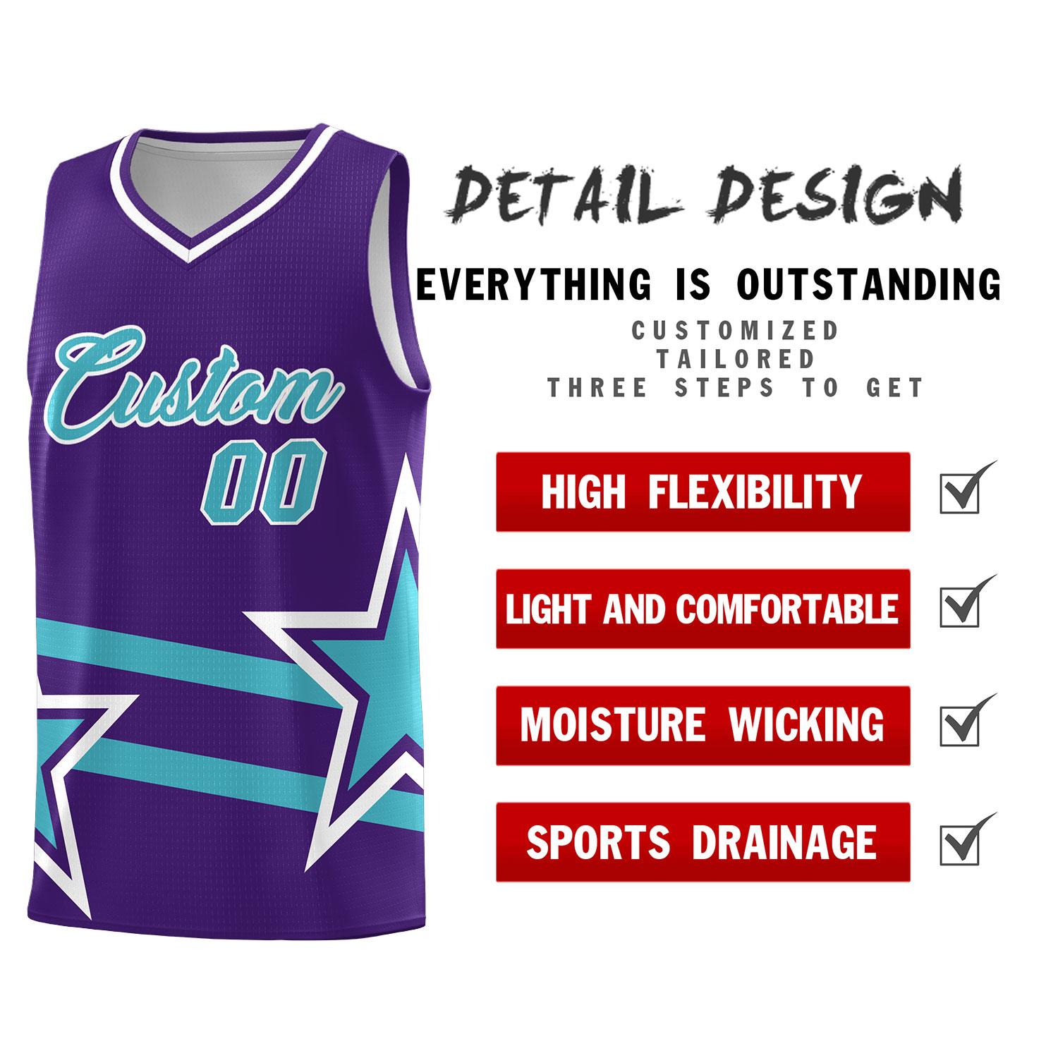 Custom Purple Basketball Kits With Sky Blue Star Pattern And Double Lines