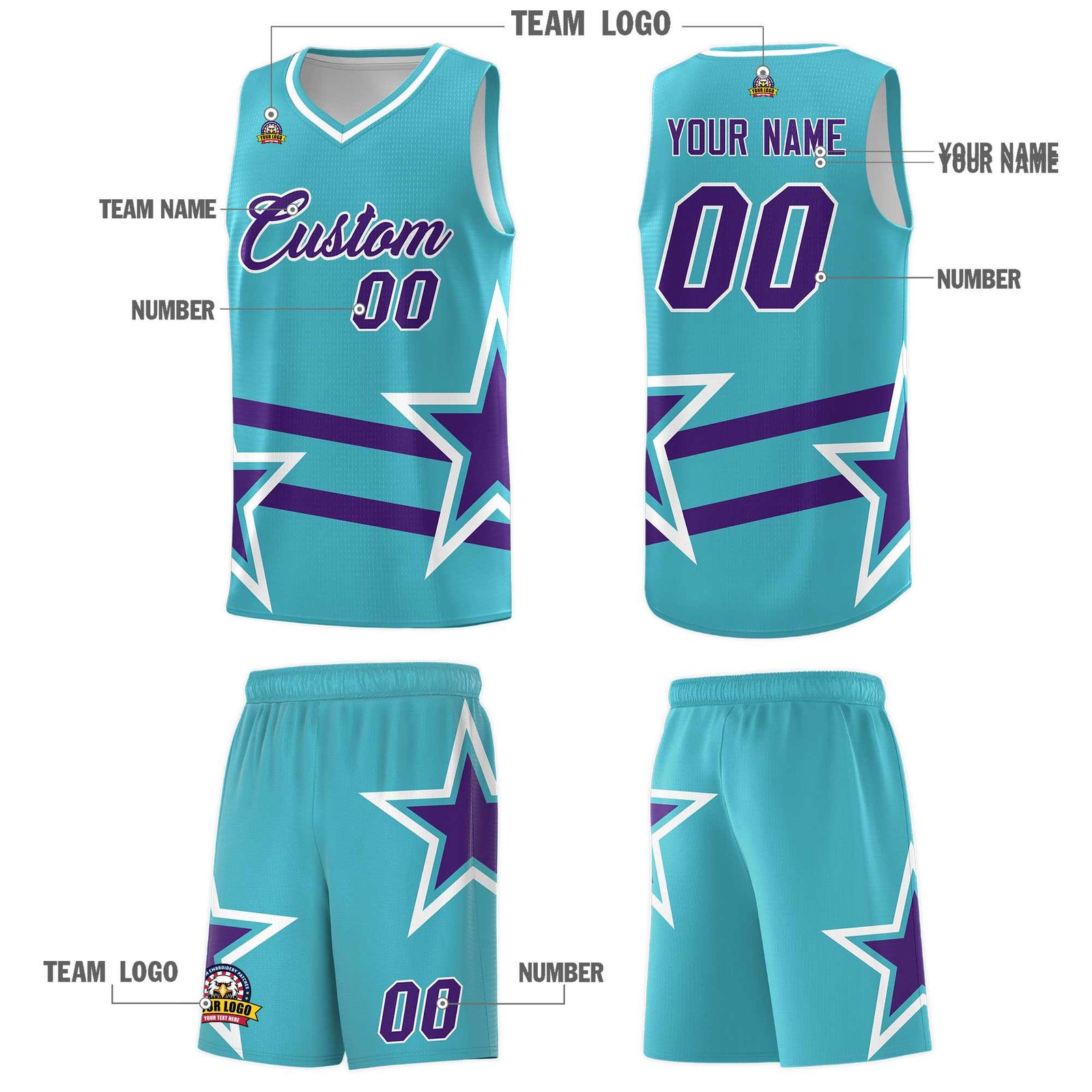 Custom Sky Blue Basketball Kits With Purple Star Pattern And Double Lines