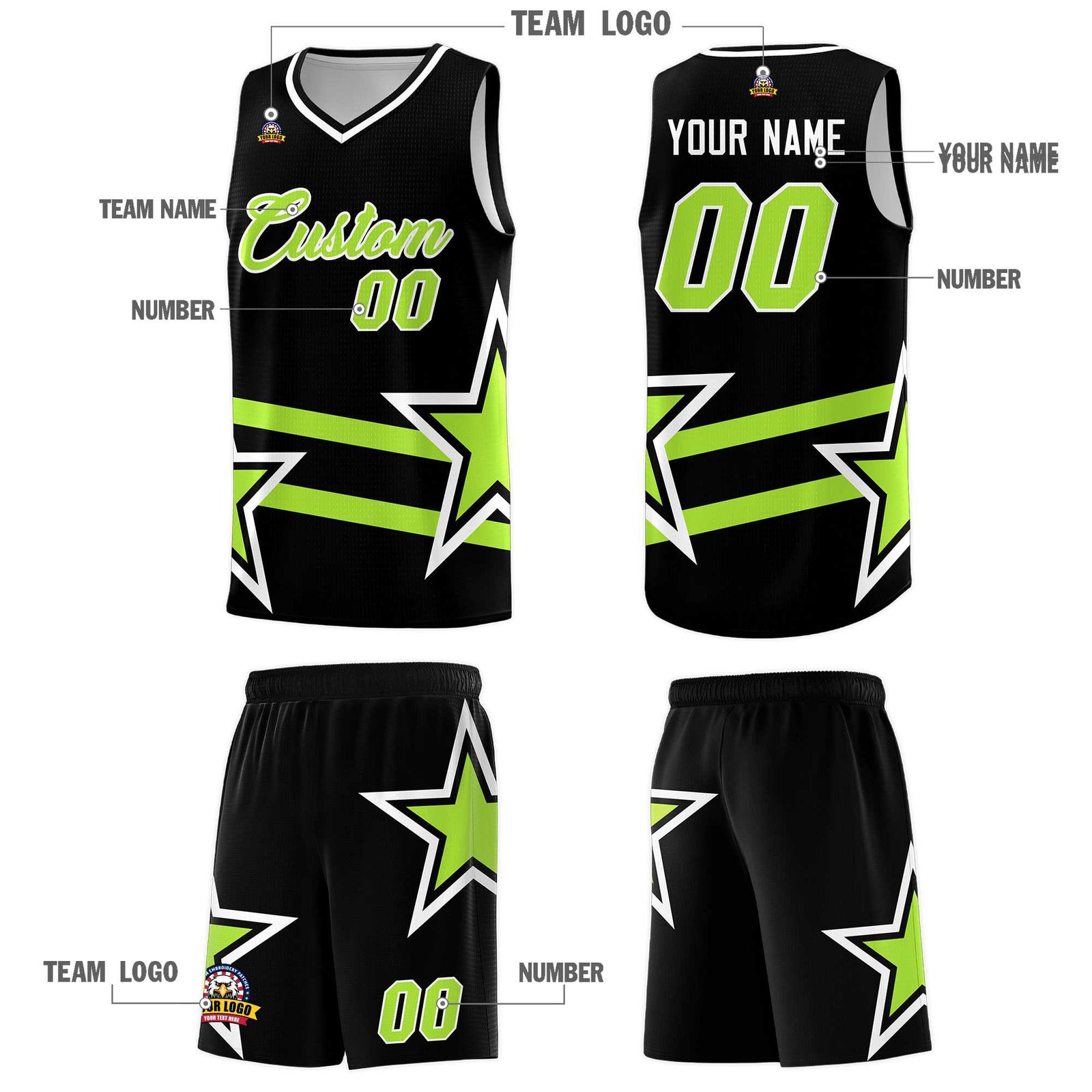 Custom Black Basketball Kits With Neon Green Star Pattern And Double Lines