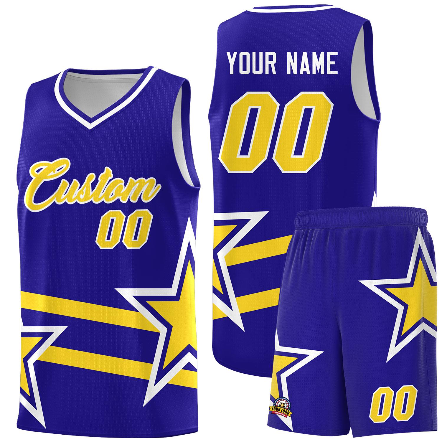 Custom Royal Basketball Kits With Gold Star Pattern And Double Lines