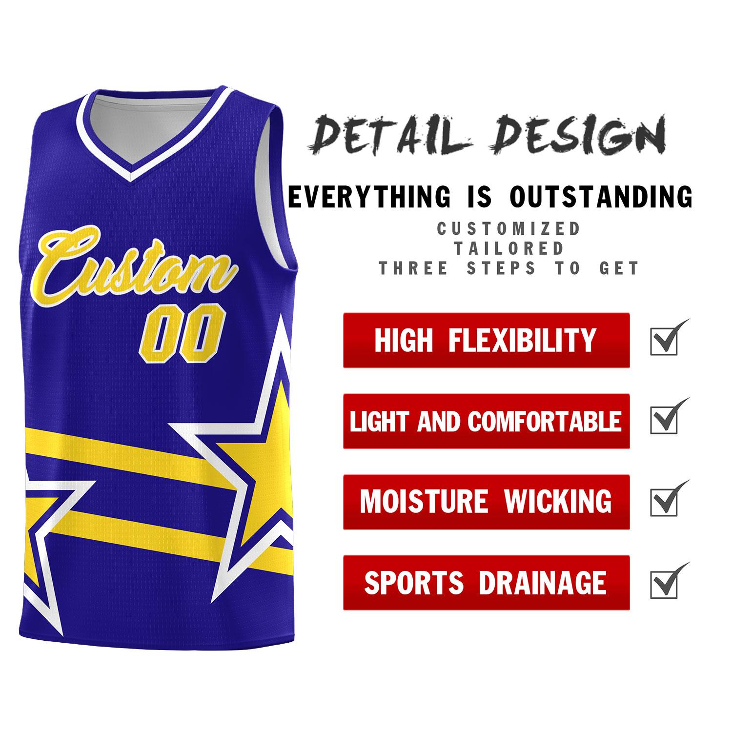 Custom Royal Basketball Kits With Gold Star Pattern And Double Lines