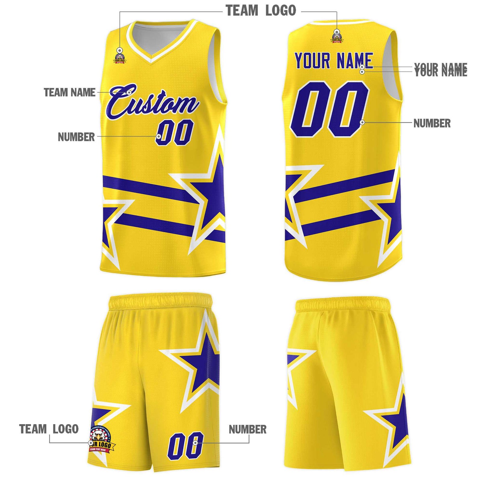 Custom Gold Basketball Kits With Royal Star Pattern And Double Lines