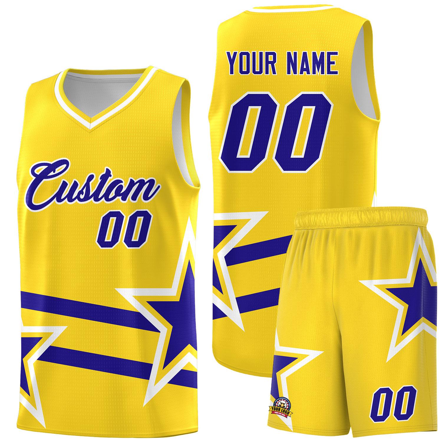 Custom Gold Basketball Kits With Royal Star Pattern And Double Lines