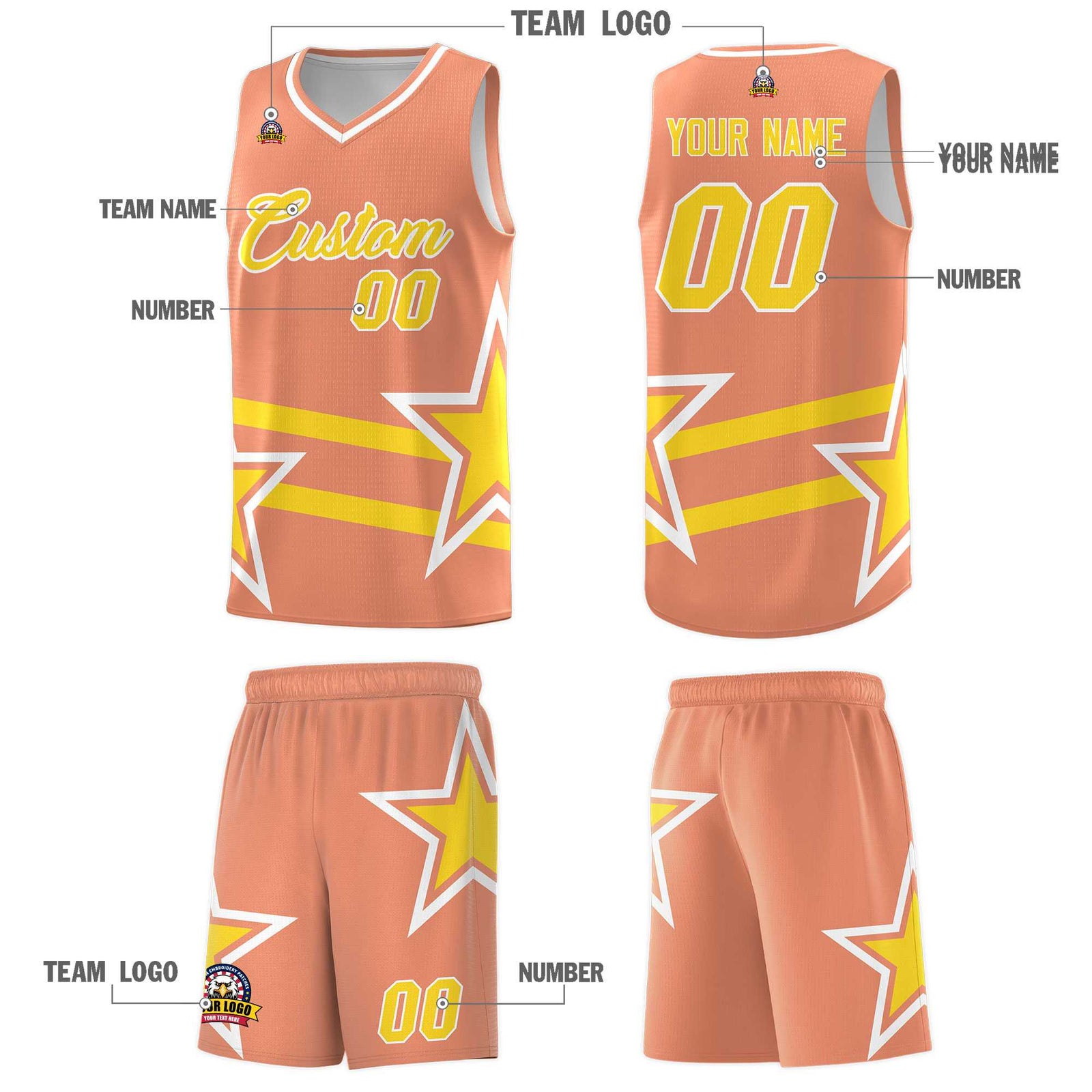 Custom Light Orange Basketball Kits With Gold Star Pattern And Double Lines