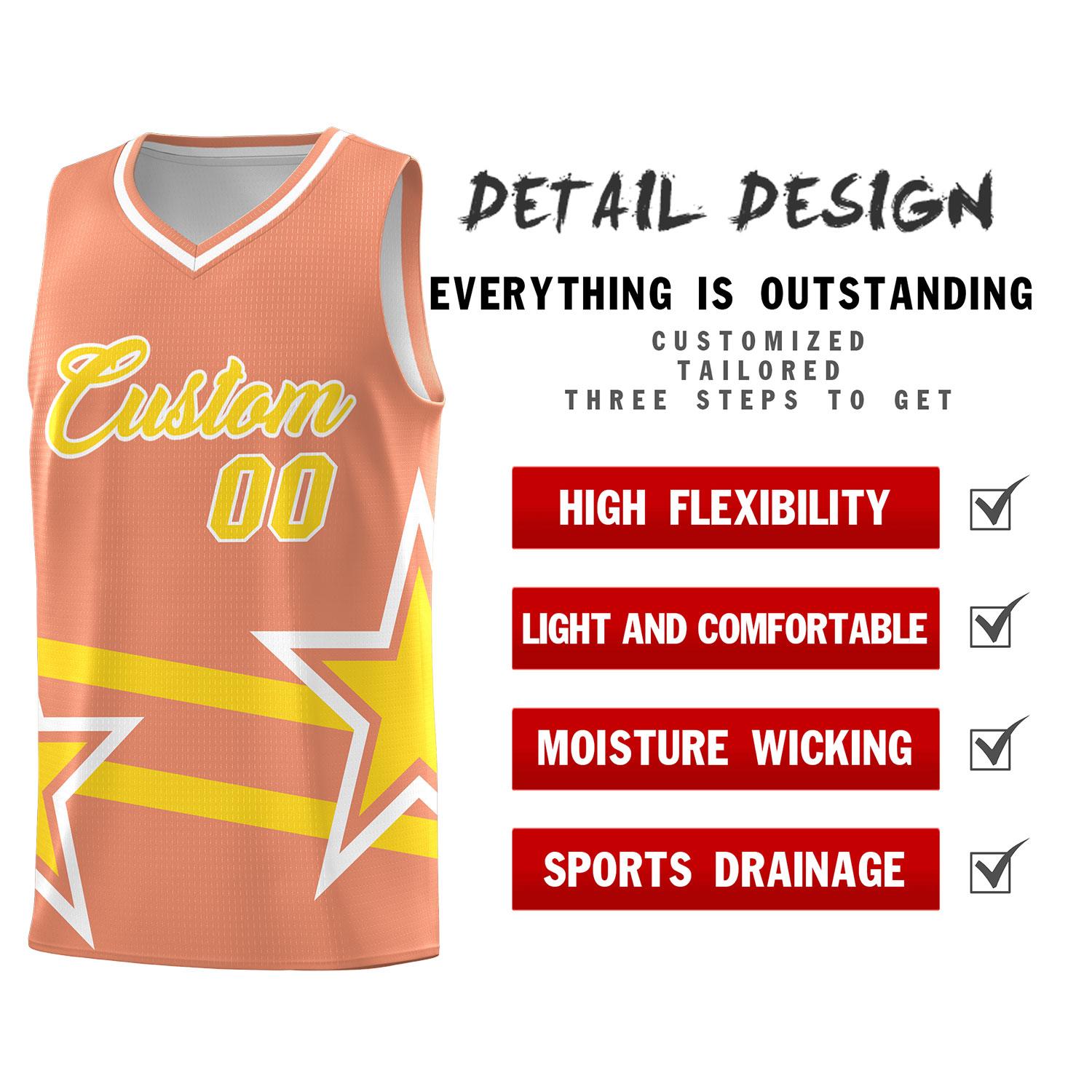 Custom Light Orange Basketball Kits With Gold Star Pattern And Double Lines