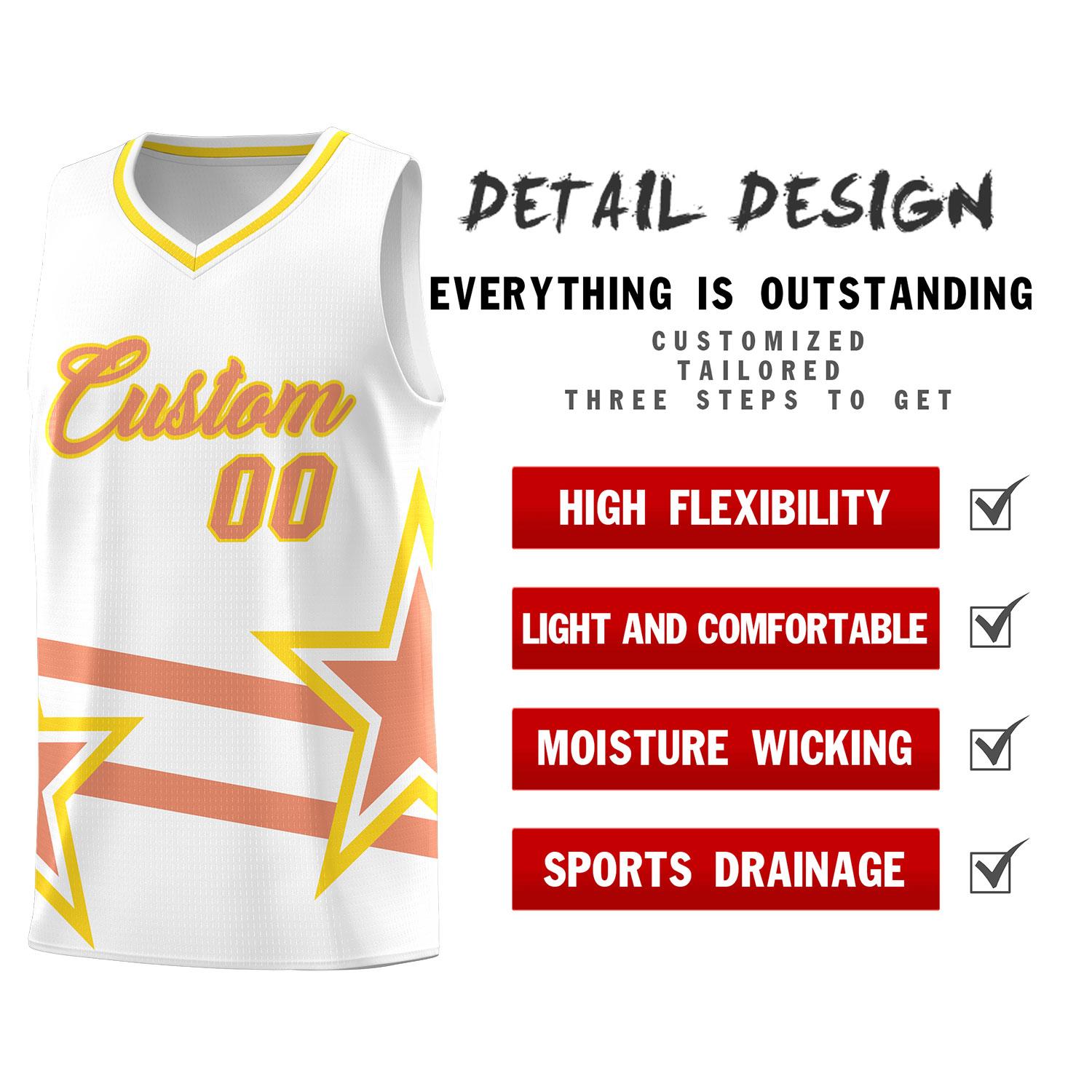 Custom White Basketball Kits With Light Orange Star Pattern And Double Lines