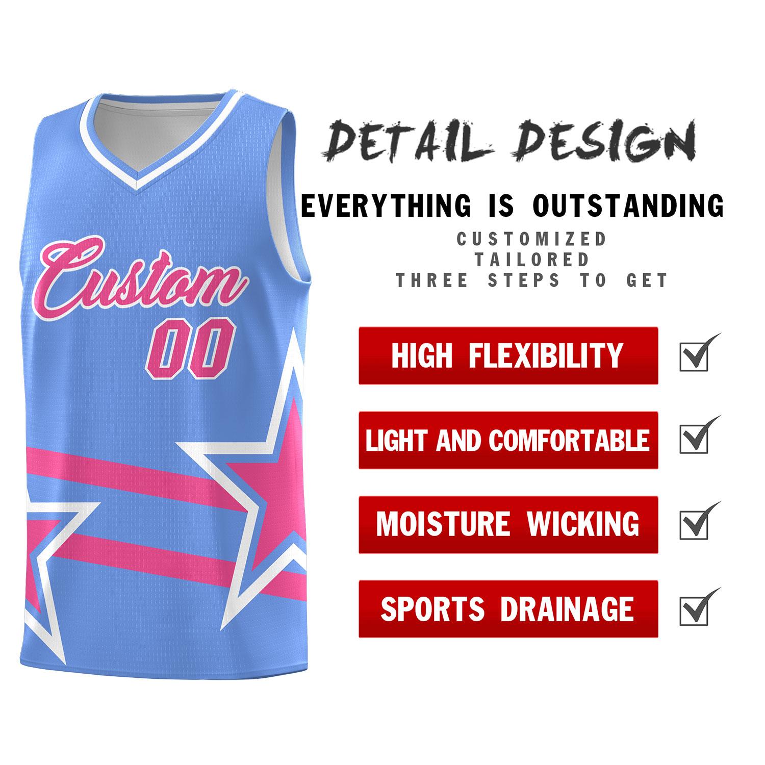 Custom Light Blue Basketball Kits With Pink Star Pattern And Double Lines