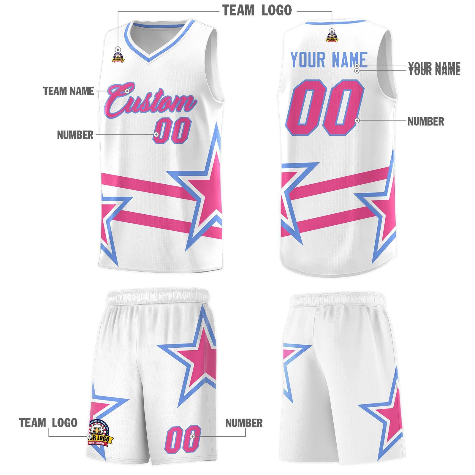 Custom White Basketball Kits With Pink Star Pattern And Double Lines