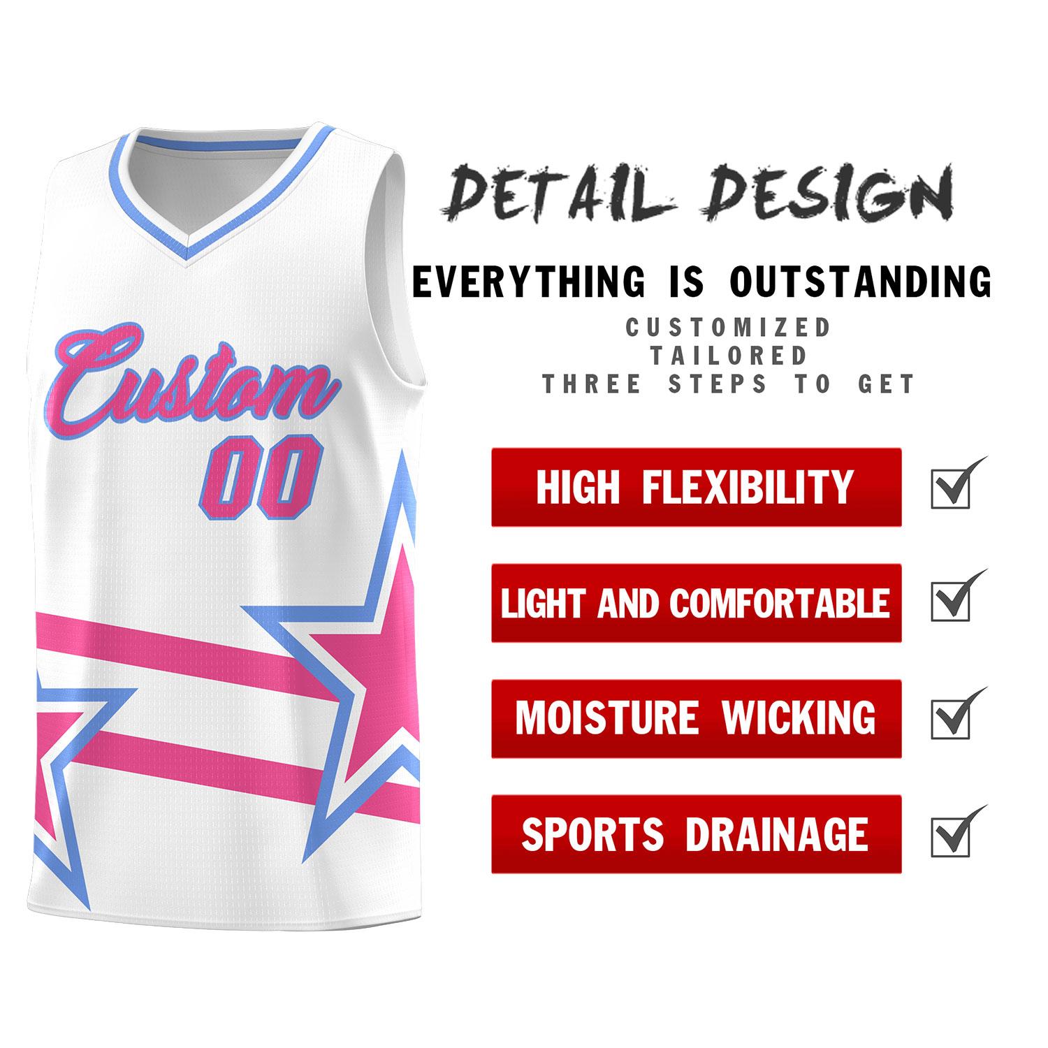 Custom White Basketball Kits With Pink Star Pattern And Double Lines