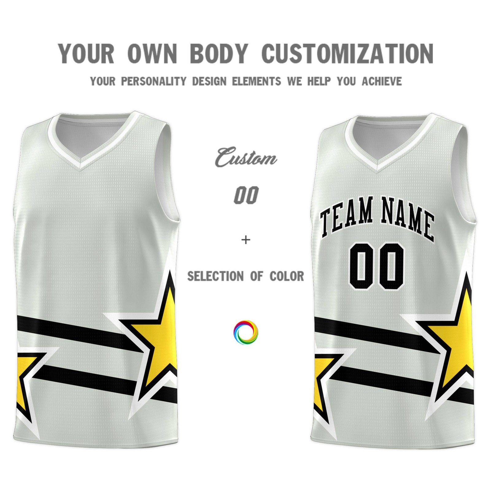 Custom Gray Basketball Kits With Gold Star Pattern And Double Lines