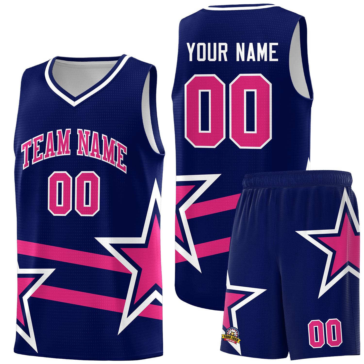 Custom Navy Basketball Kits With Rose Red Star Pattern And Double Lines