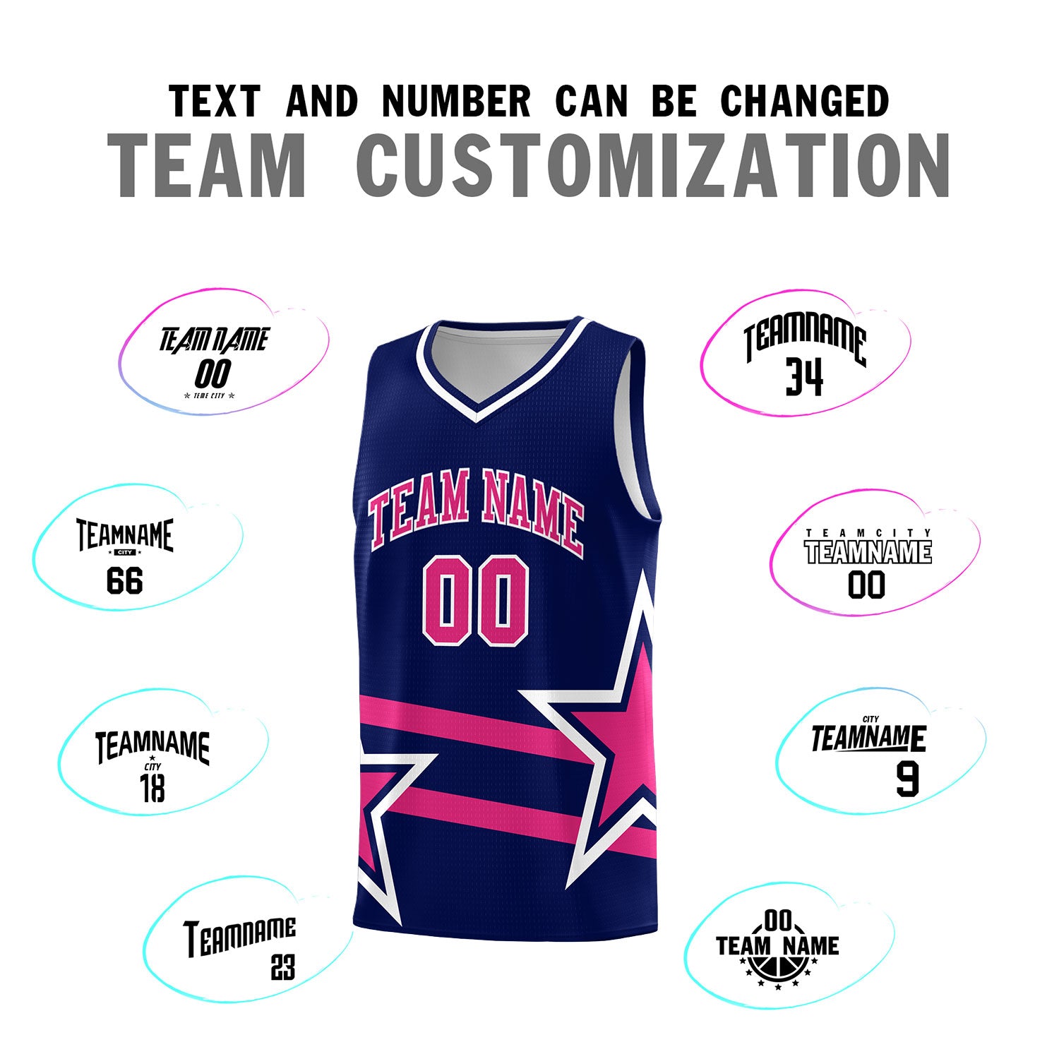 Custom Navy Basketball Kits With Rose Red Star Pattern And Double Lines