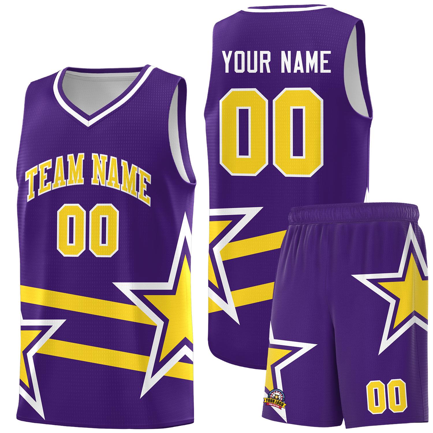 Custom Purple Basketball Kits With Gold Star Pattern And Double Lines