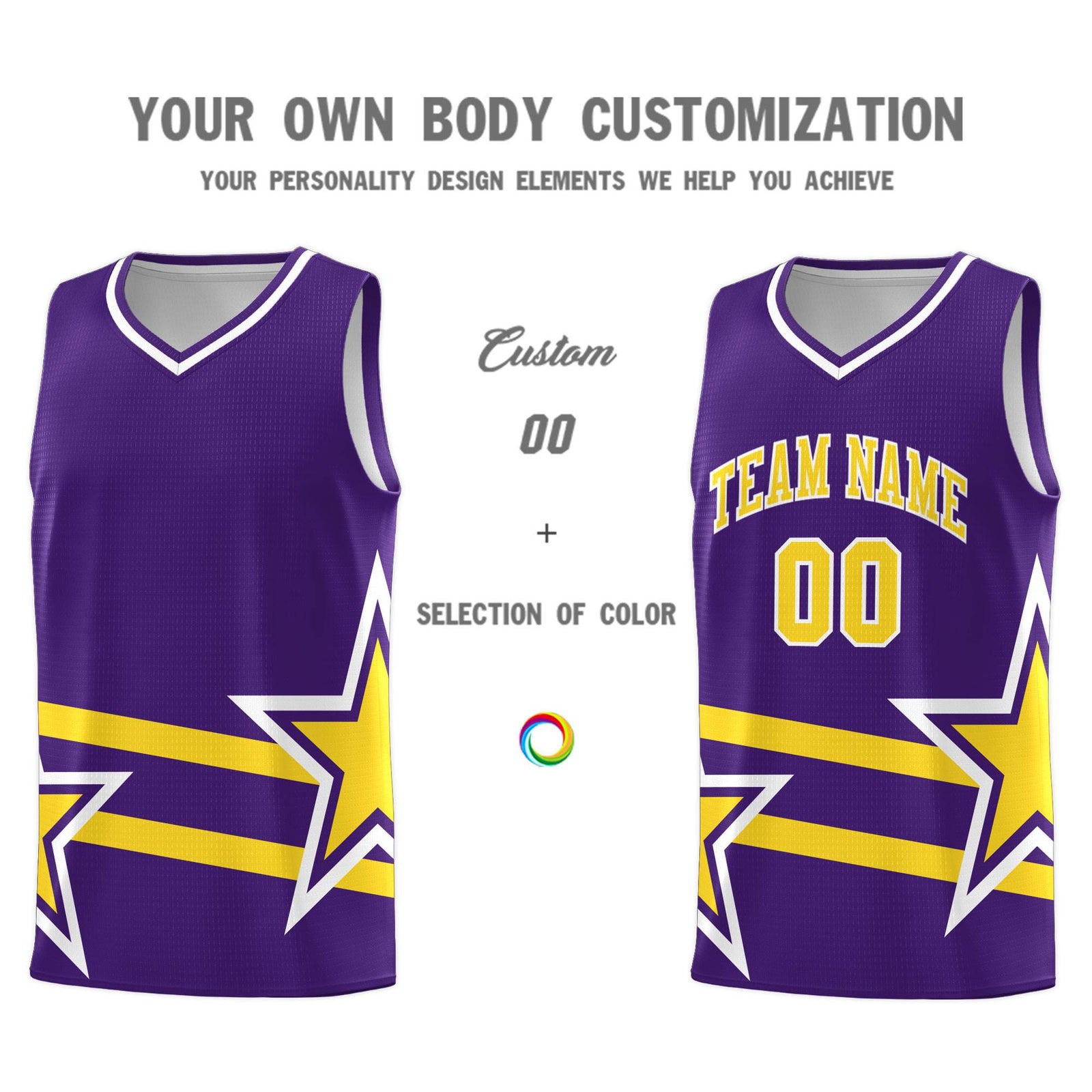 Custom Purple Basketball Kits With Gold Star Pattern And Double Lines