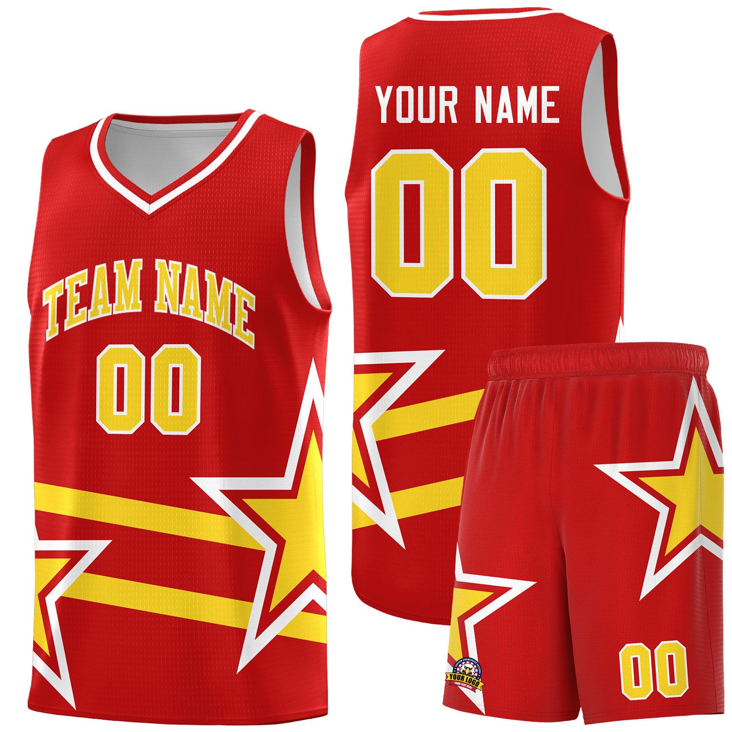 Custom Red Basketball Kits With Gold Star Pattern And Double Lines