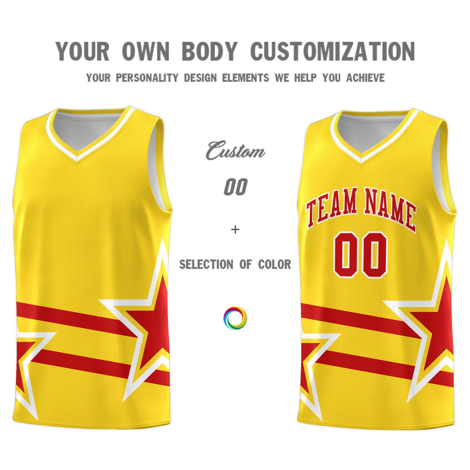 Custom Gold Basketball Kits With Red Star Pattern And Double Lines