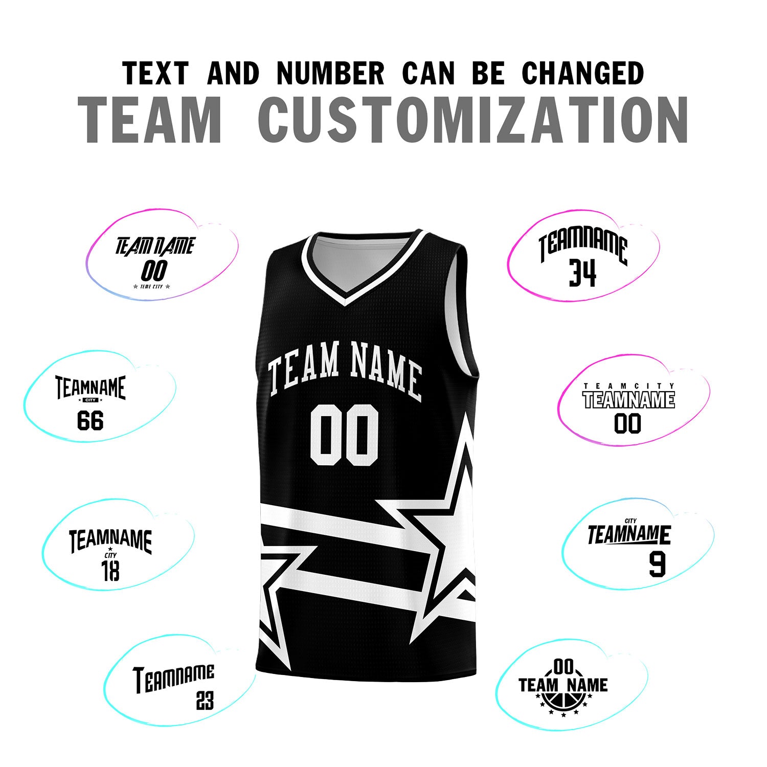 Custom Black Basketball Kits With White Star Pattern And Double Lines