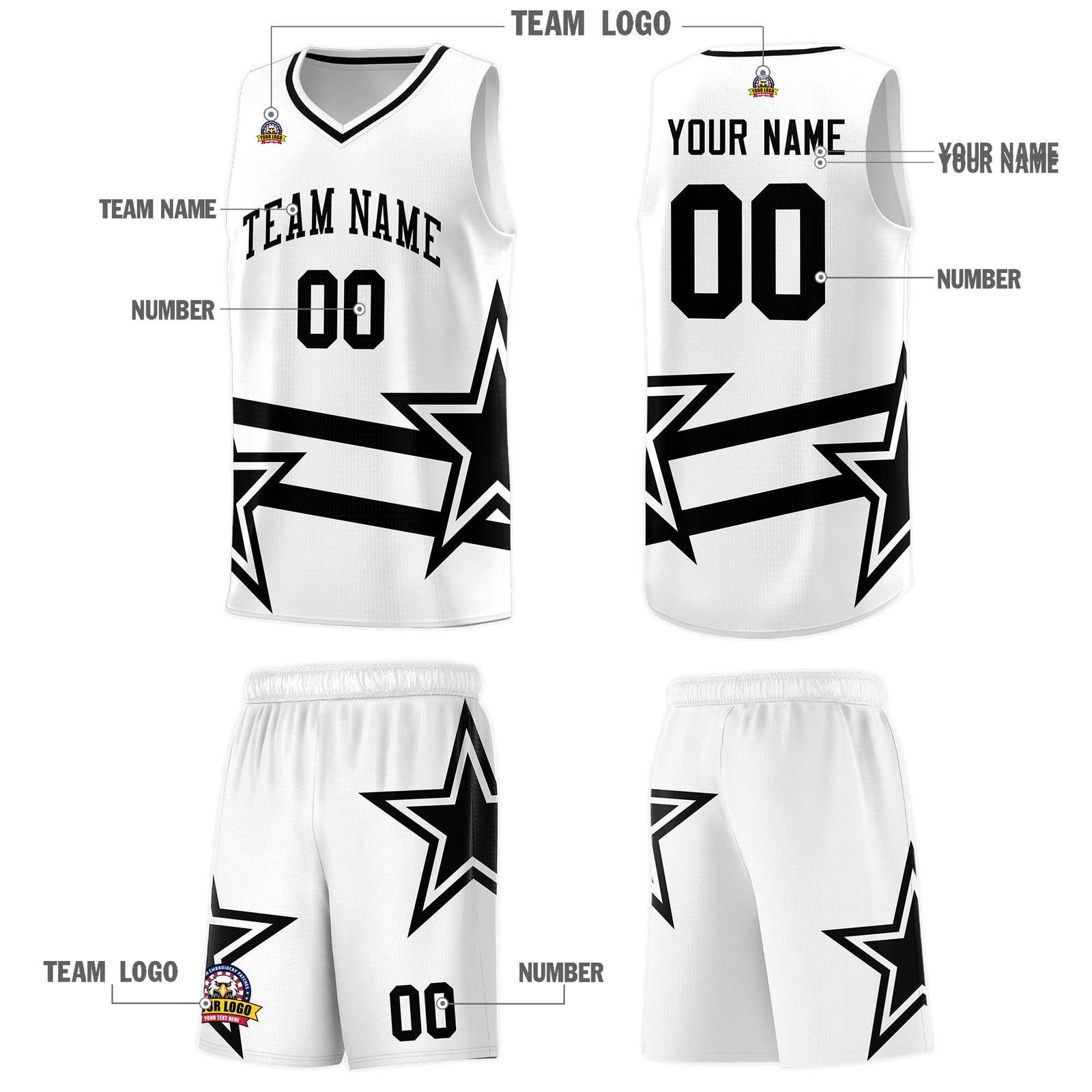 Custom White Basketball Kits With Black Star Pattern And Double Lines