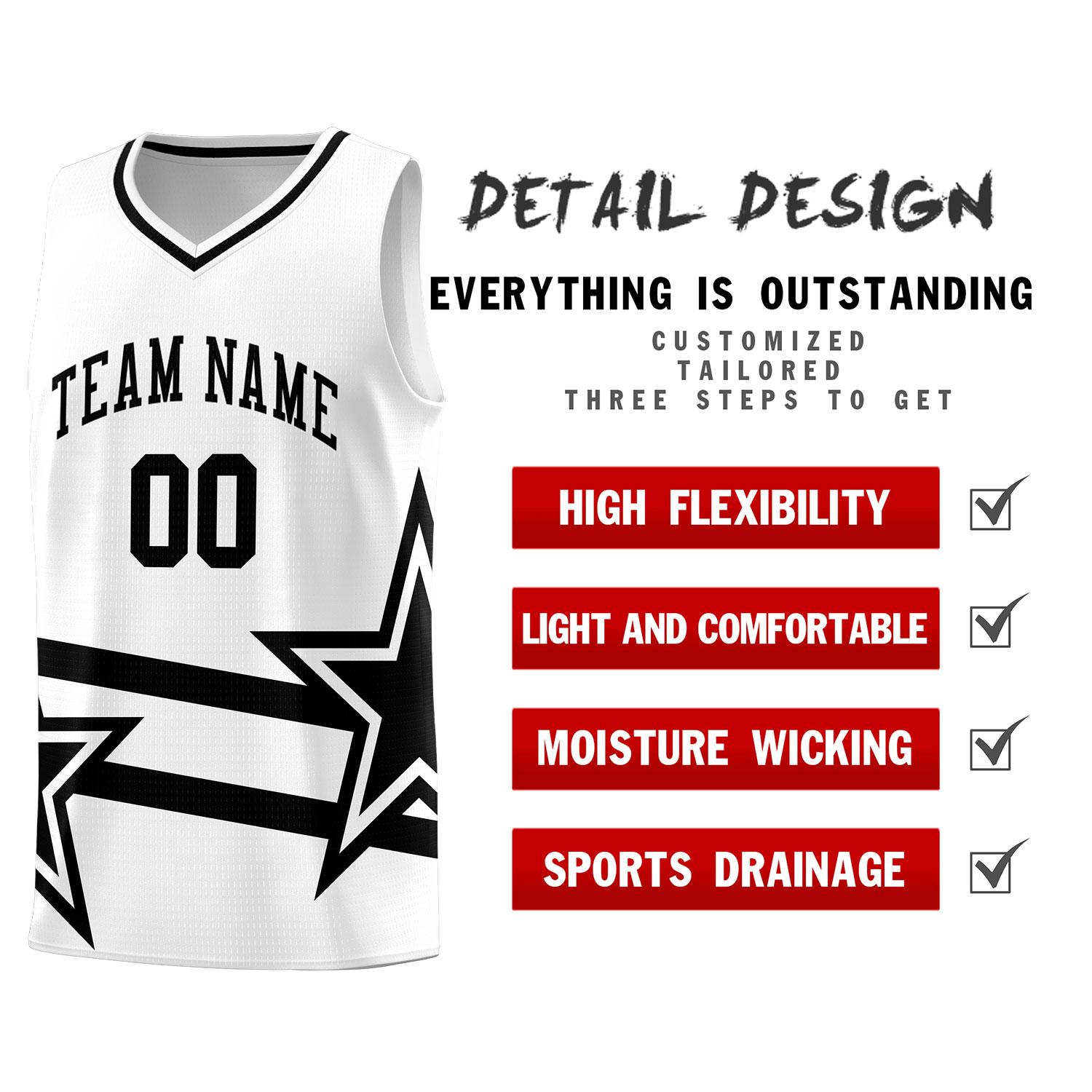 Custom White Basketball Kits With Black Star Pattern And Double Lines