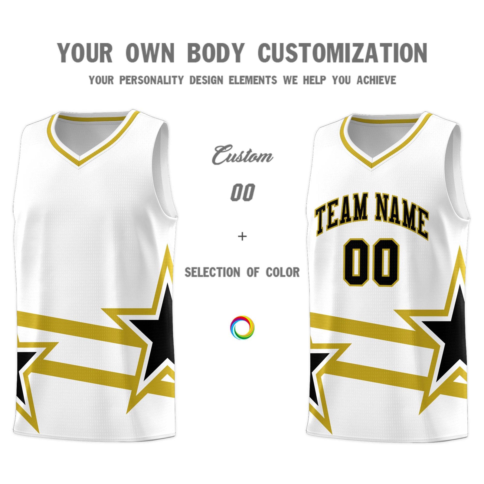 Custom White Basketball Kits With Old Gold Star Pattern And Double Lines
