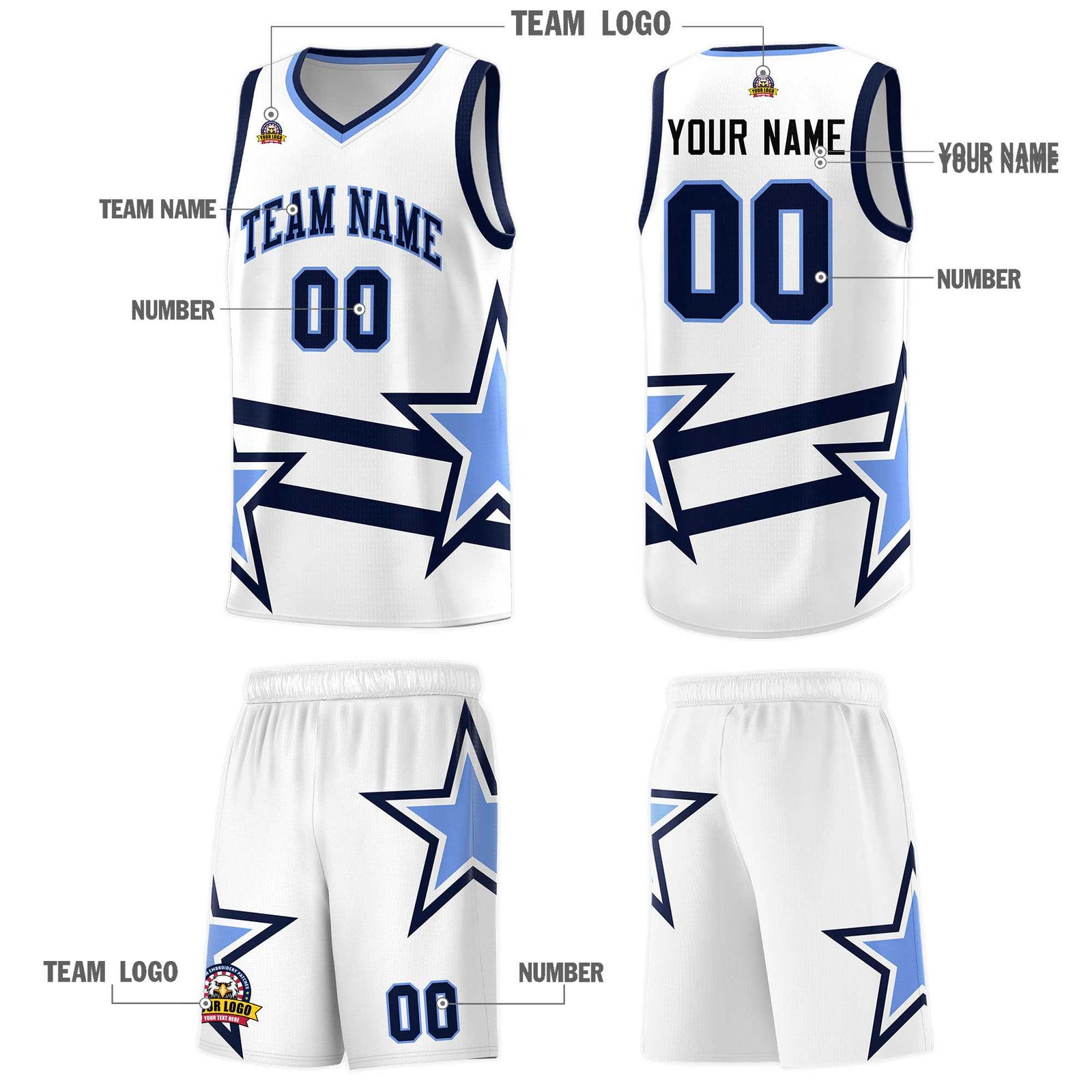 Custom White Basketball Kits With Light Blue Star Pattern And Double Lines