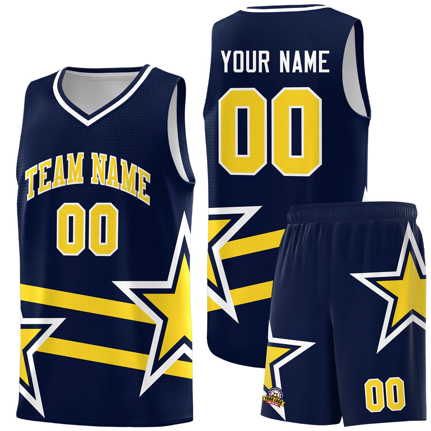 Custom Navy Basketball Kits With Gold Star Pattern And Double Lines