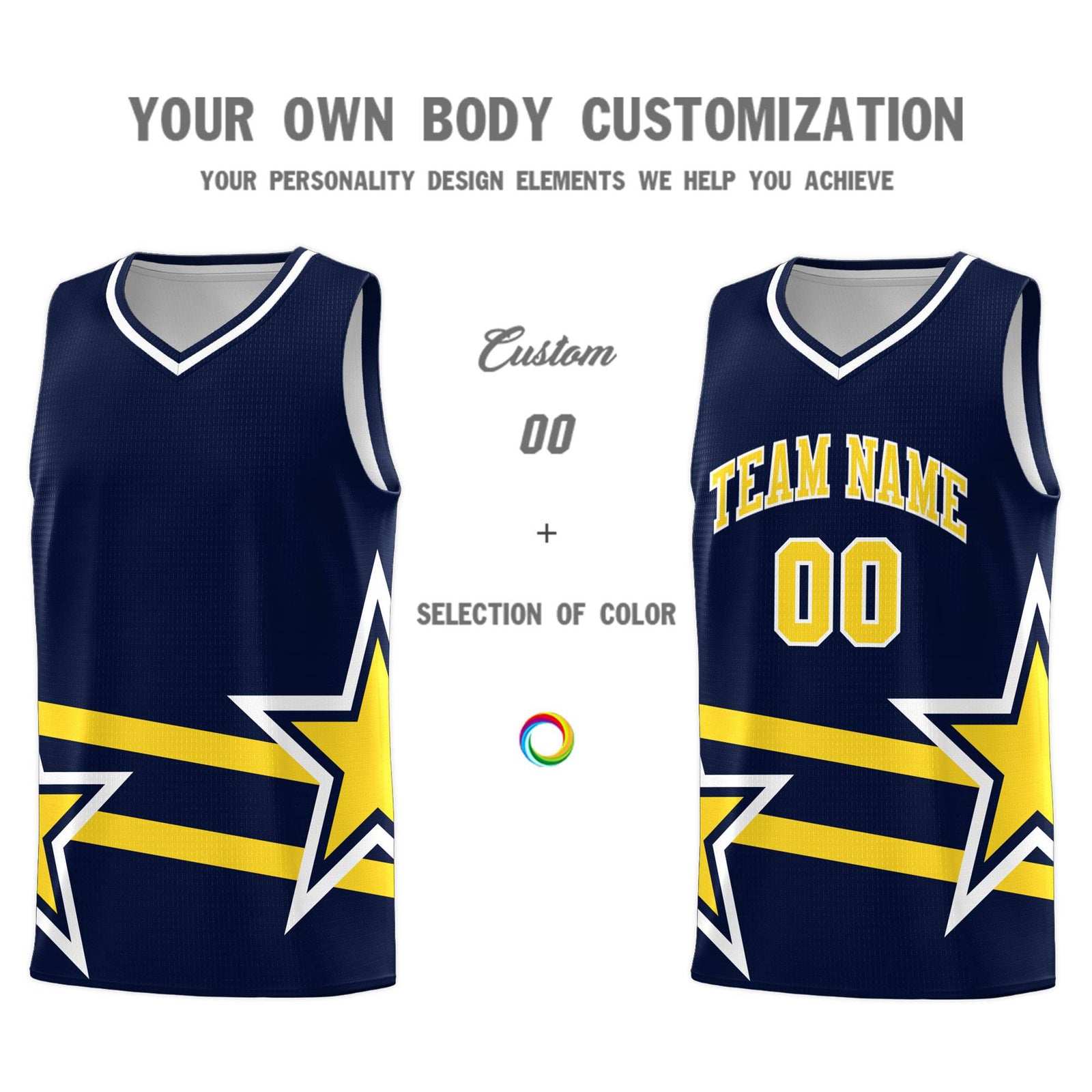 Custom Navy Basketball Kits With Gold Star Pattern And Double Lines