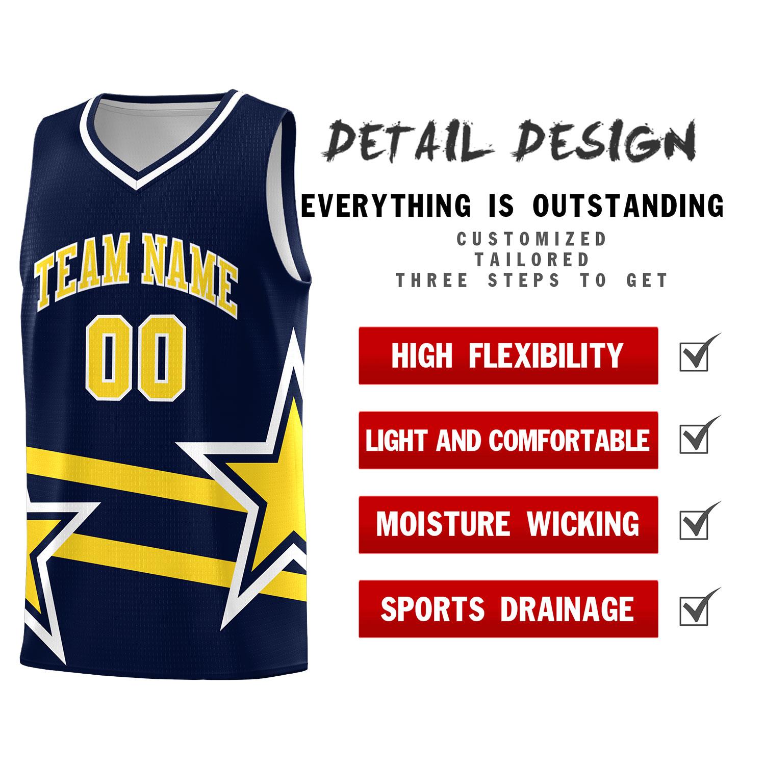 Custom Navy Basketball Kits With Gold Star Pattern And Double Lines