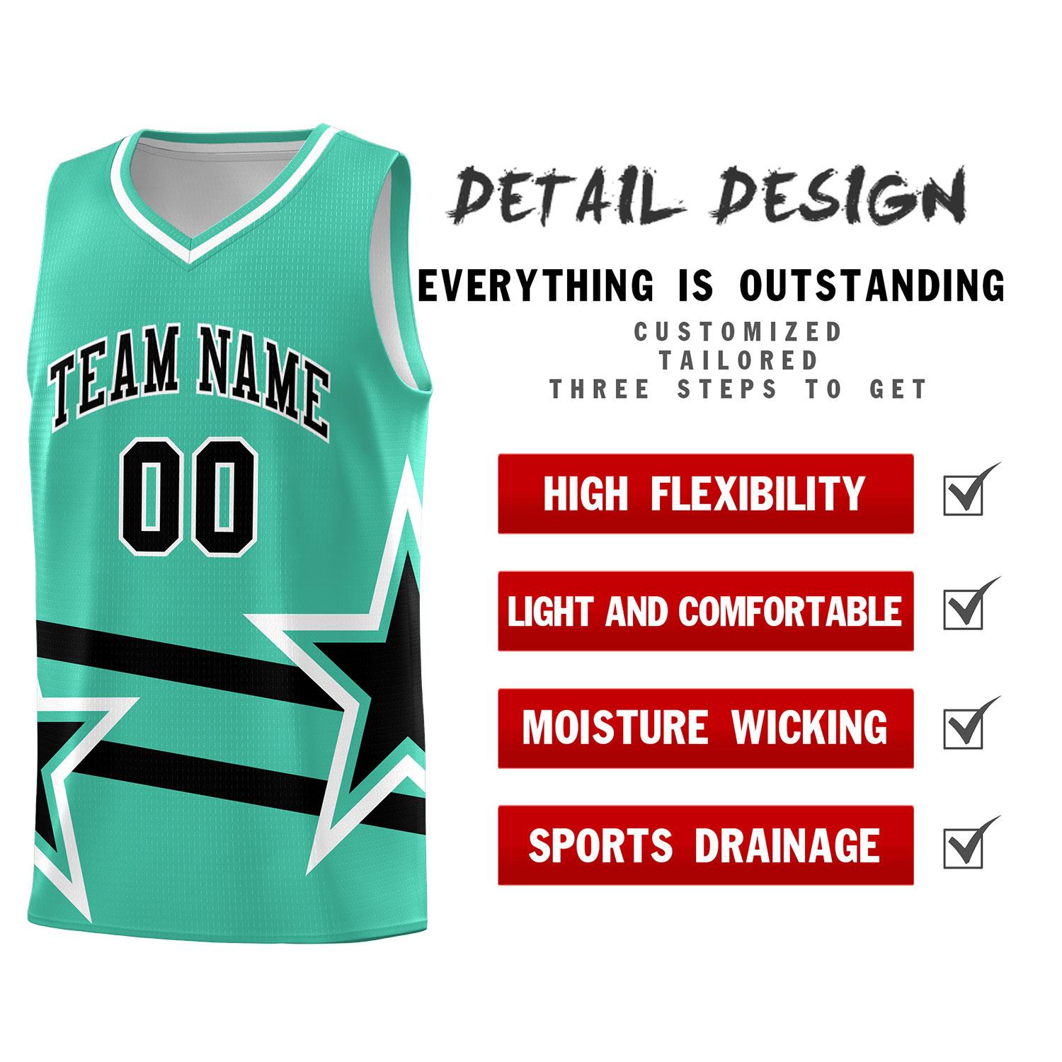 Custom Bright Green Basketball Kits With Black Star Pattern And Double Lines