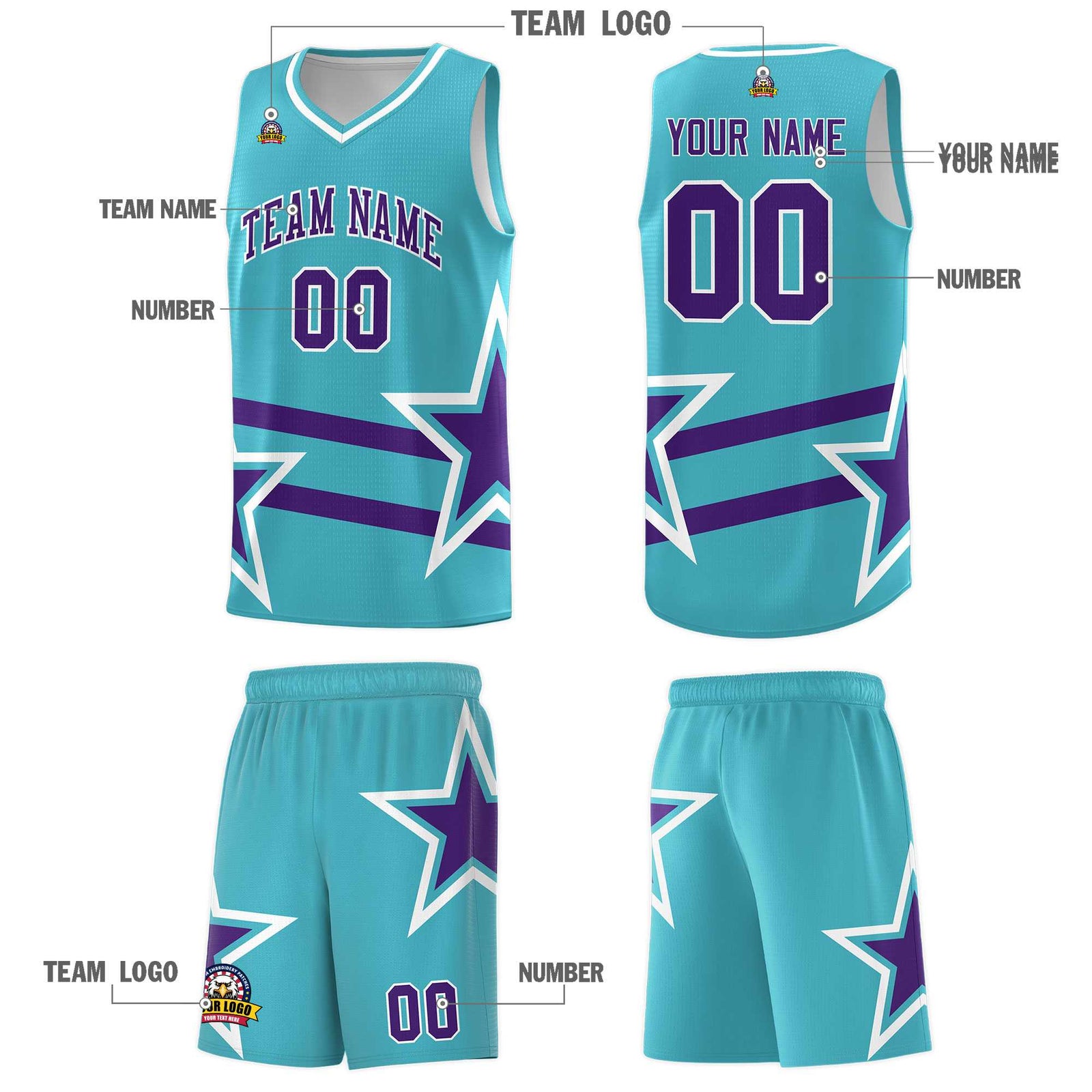 Custom Sky Blue Basketball Kits With Purple Star Pattern And Double Lines