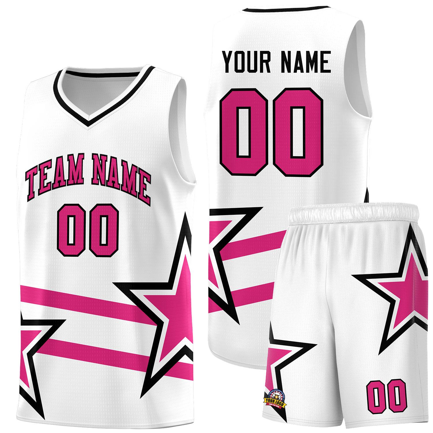 Custom White Basketball Kits With Rose Red Star Pattern And Double Lines