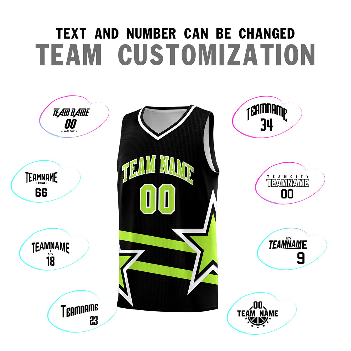 Custom Black Basketball Kits With Neon Green Star Pattern And Double Lines