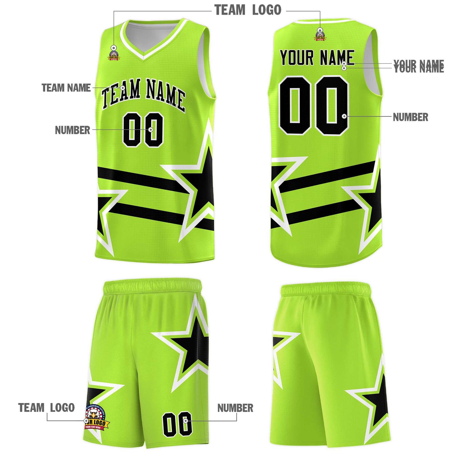 Custom Neon Green Basketball Kits With Black Star Pattern And Double Lines